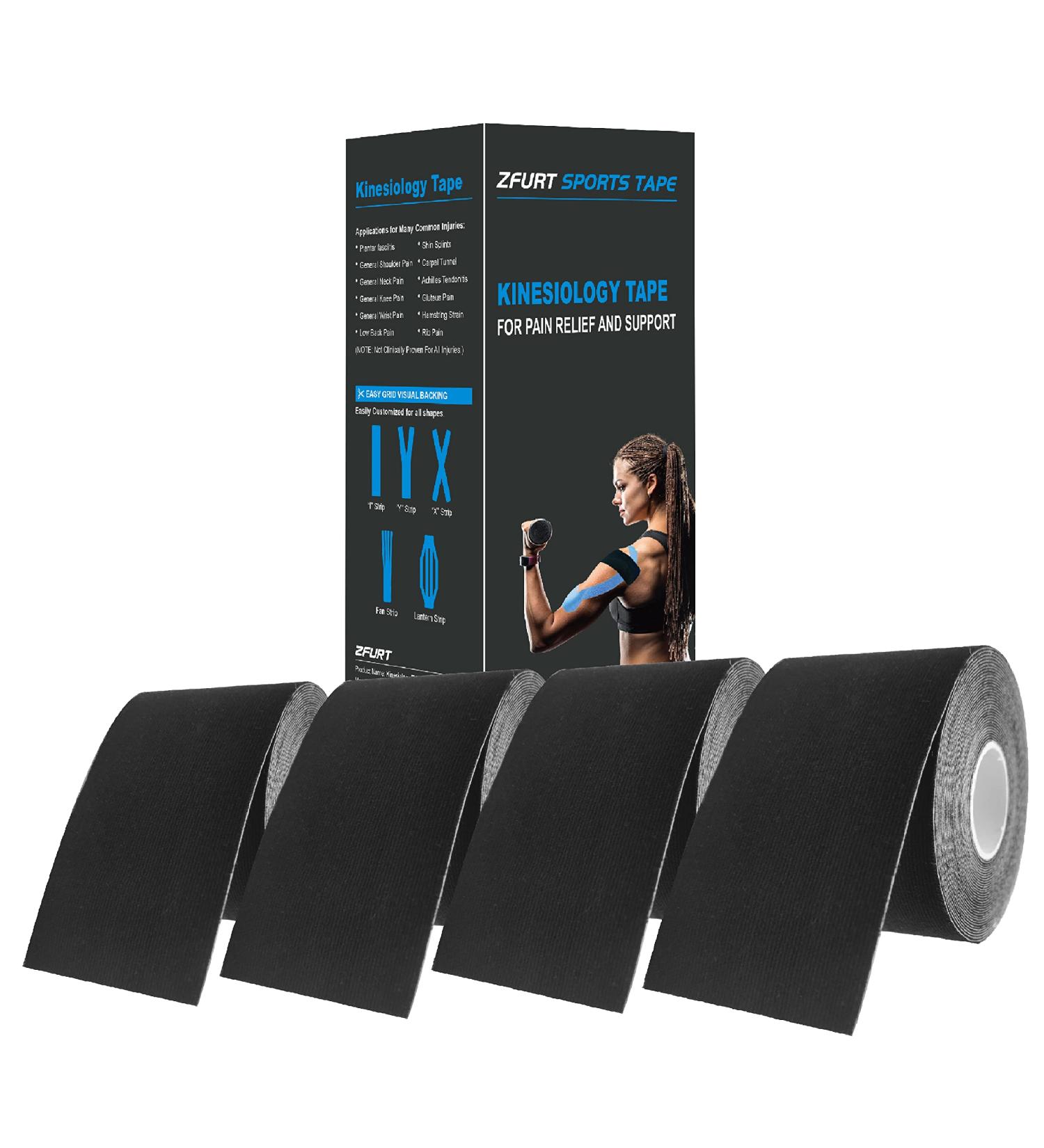 Breathable Cotton Kinesiology Tape - Hypoallergenic & Latex Free Sports Tape | Pain Relief & Injury Prevention | 4 Uncut Rolls (16ft Each) - Black - Buy Online on GoSupps.com