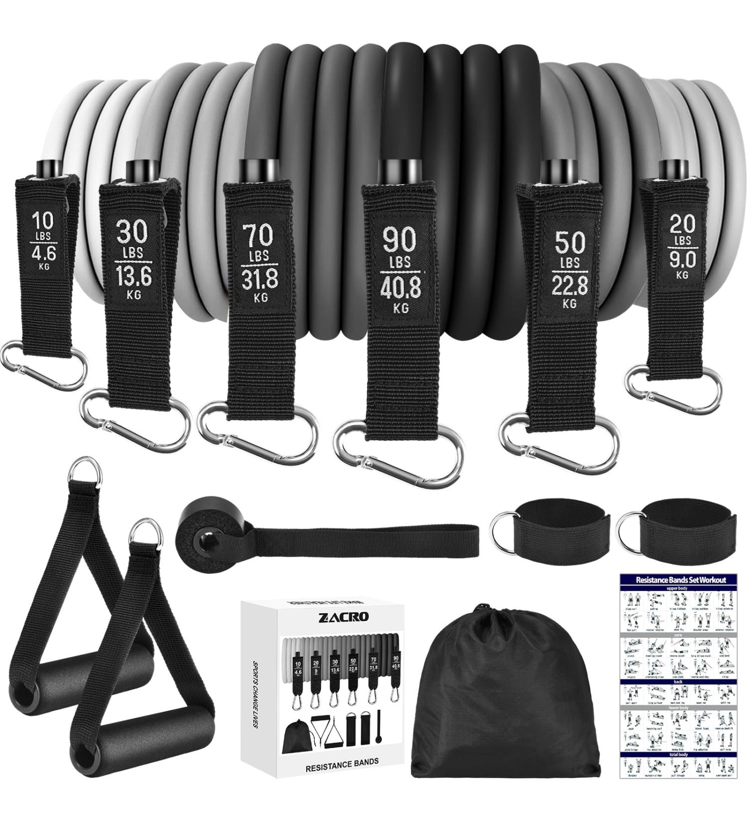 Zacro Resistance Bands Set | 6 Fitness Straps with Handles & Ankle Strap - Strength Training for Men & Women (10-90lbs) | International Shipping - Buy Online on GoSupps.com