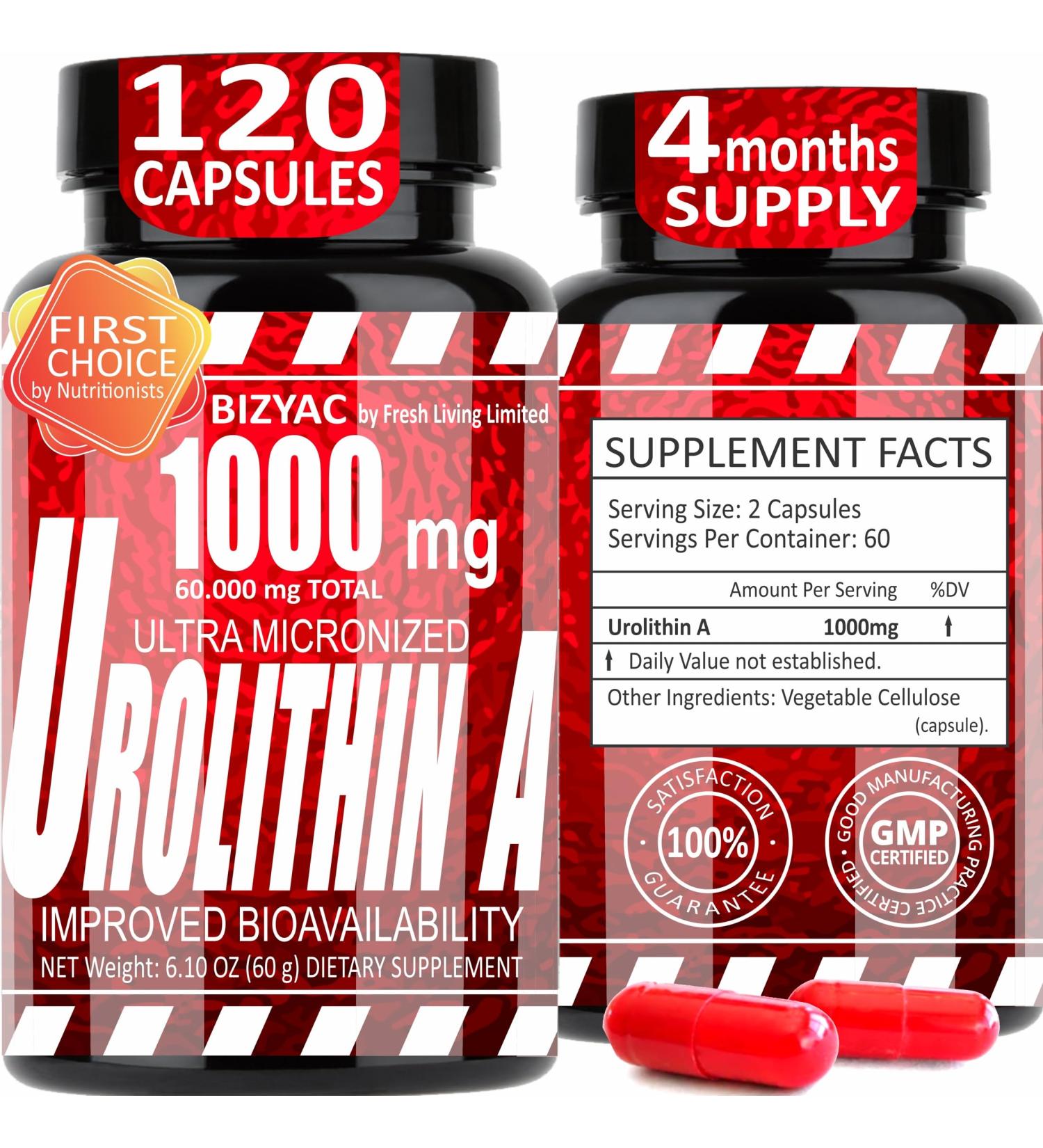 Urolithin A Supplement 1000mg - Mitochondrial Supplements Support - Advanced Healthy Anti-Aging and Cellular Renewal - Muscle Strength - Endurance and Longevity - Ultra Micronized - 120 Capsules - Buy Online on GoSupps.com
