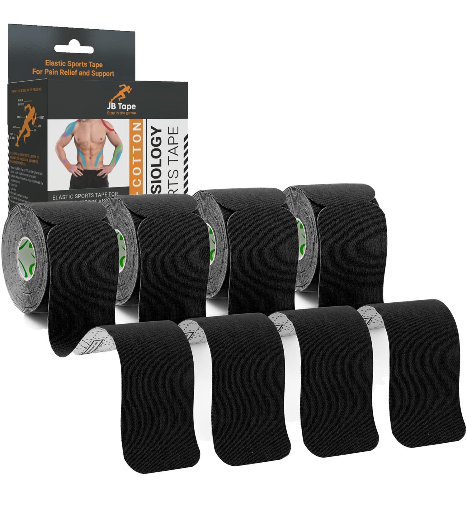 JB PreCut Kinesiology Tape 4 Rolls - Water Resistant  Latex Free Athletic Body Tape for Joint & Muscle Pain Sports Recovery & Support. Includes Manual. (Black) Black Jet - Buy Online on GoSupps.com
