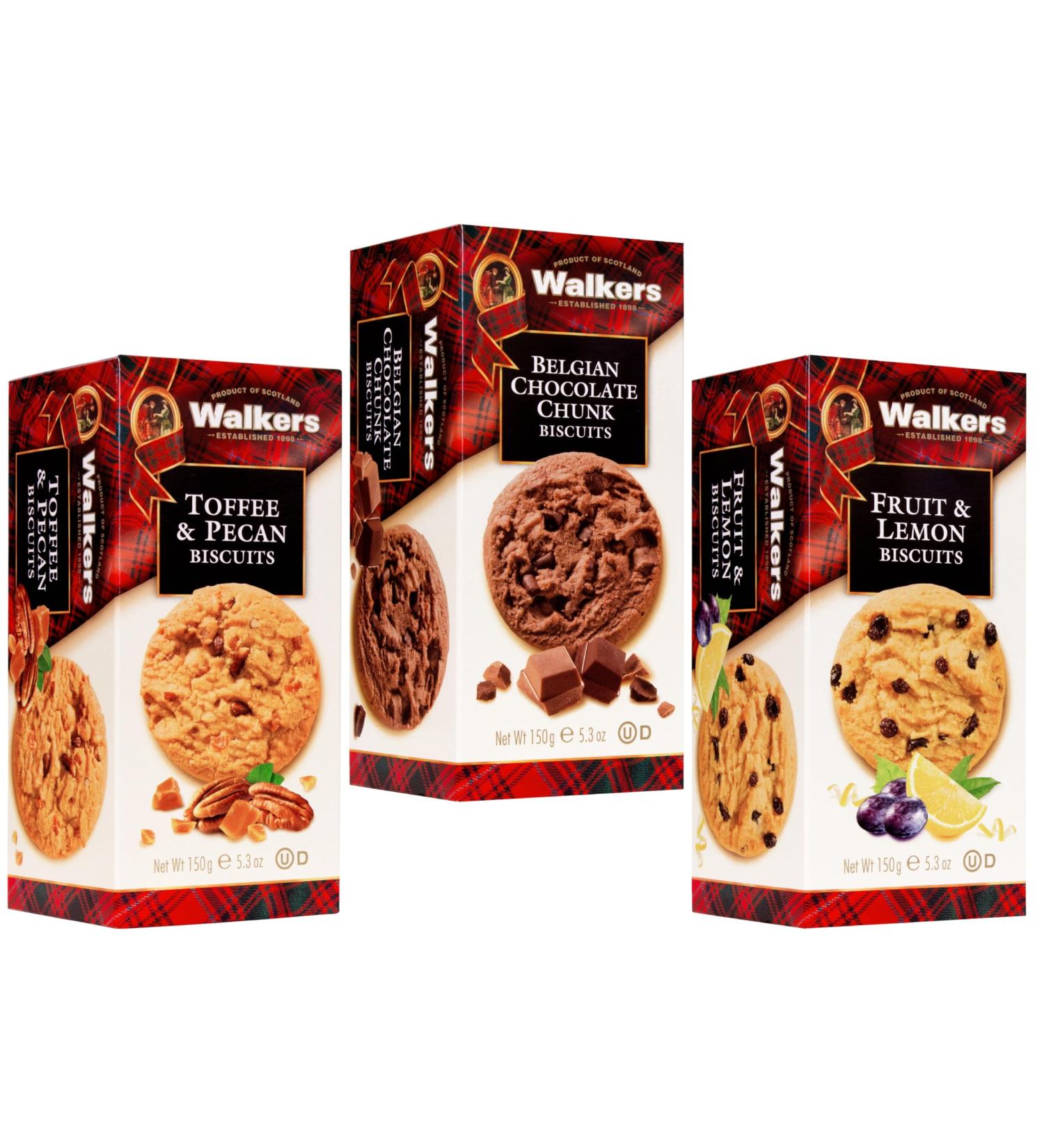 Walkers Shortbread Cookies Selection - Belgian Chocolate Chunk Toffee & Pecan and Fruit & Lemon Biscuits - 3 Pack - Buy Online on GoSupps.com
