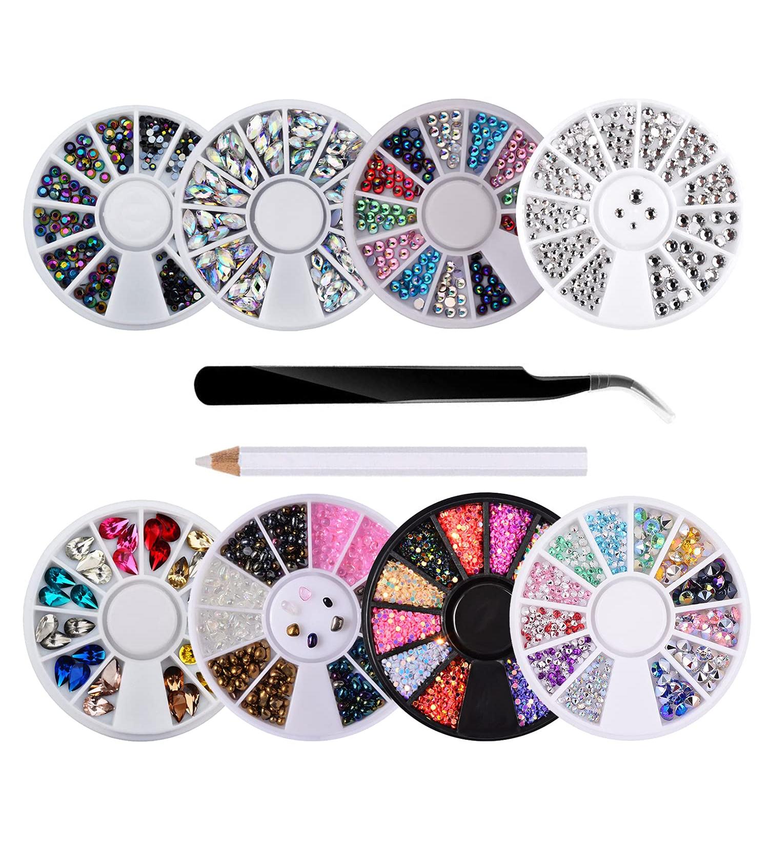 8 Boxes Nail Art Strass | Mixed Size Pearls & Glitter Stones | 3D Decoration with Wax Pen & Tweezers | DIY Jewelry & Nail Art Supplies - Buy Online on GoSupps.com