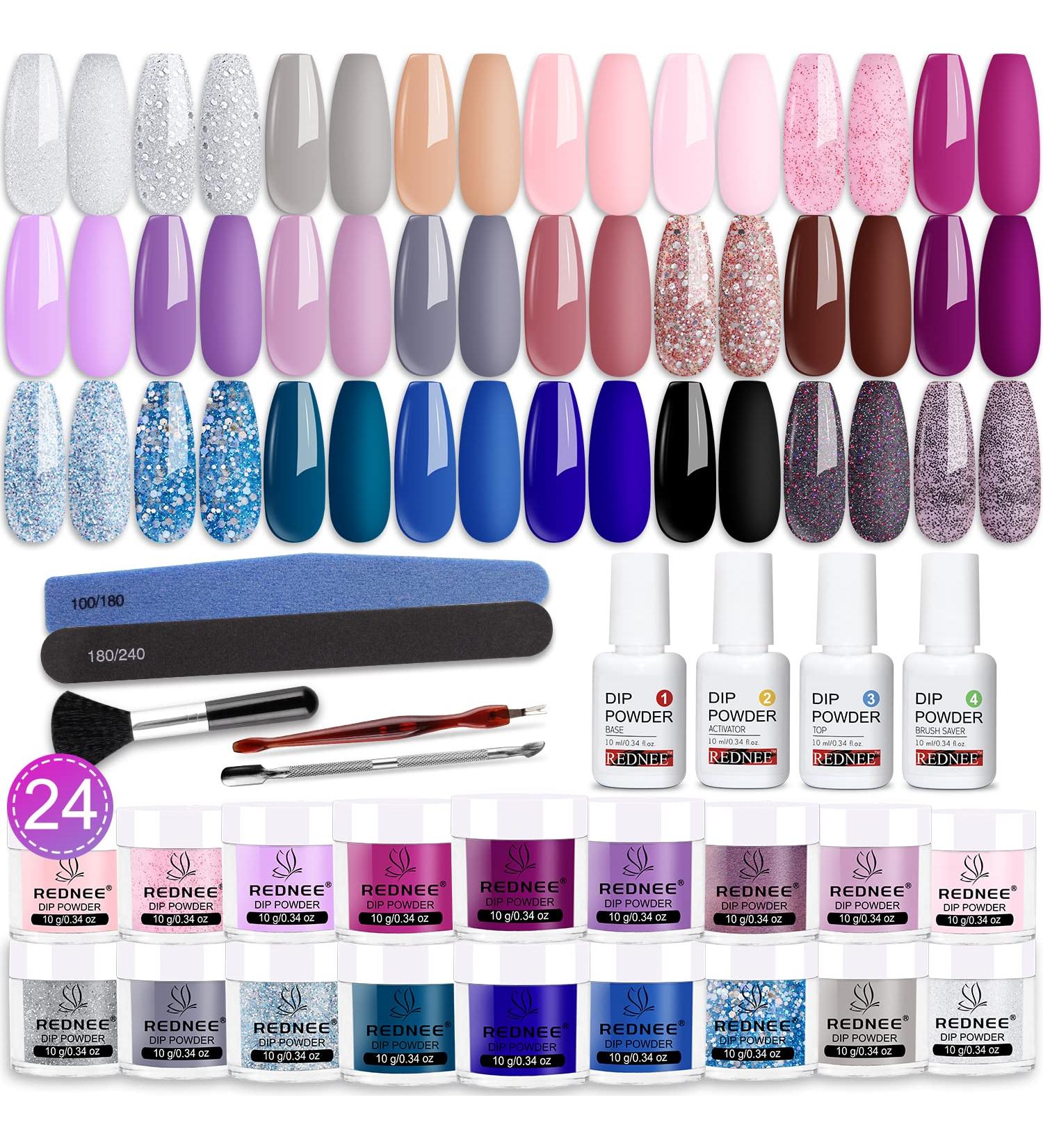 REDNEE 33pcs Dip Nails Powder Starter Kit - Salon Quality 24 Colors, All Season Neutral Purple Pink Dipping Powder - Home DIY Manicure Tools - Buy Online on GoSupps.com