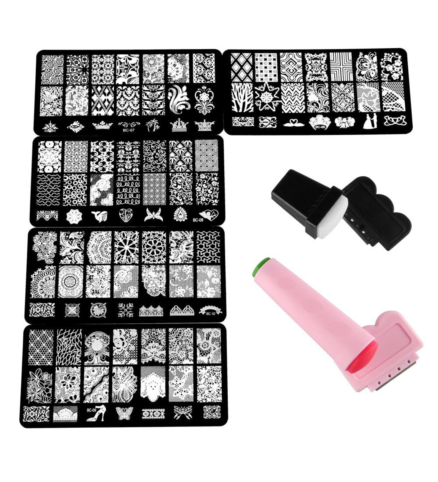 Buy WeiMob Nail Art Template Set - Stainless Steel Pressure Plates & Stamp Kit | 5 Sheets 2 Stamps 2 Knives - International Shipping - Buy Online on GoSupps.com