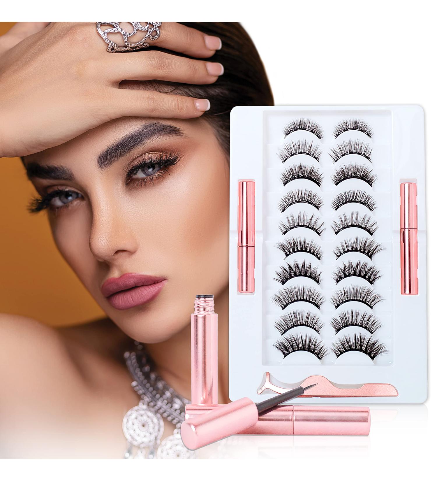 Magnetic Eyelashes with Tweezers and Waterproof Eyeliner - Reusable 3D 5D Magnetic Lashes Kit with 10 Styles - Faux Mink, Long Lasting, Natural Look - No Glue Needed | 10 Pair Pack - Buy Online on GoSupps.com