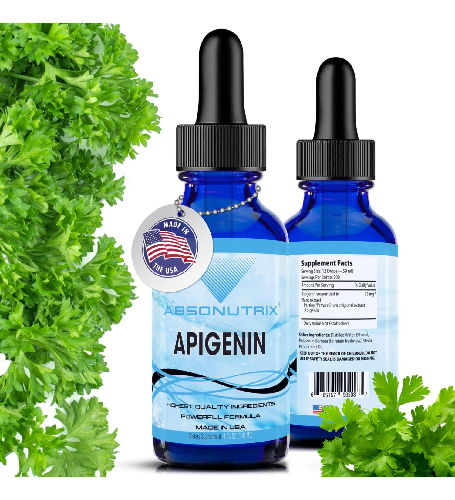 Absonutrix Apigenin 75 mg per Serving 4 Fl Oz Bottle 200 Potent Servings Made in USA Quick Absorption Quality Potent Ingredients Non-GMO GMP Certified Facility Cruelty-Free Products - Buy Online on GoSupps.com