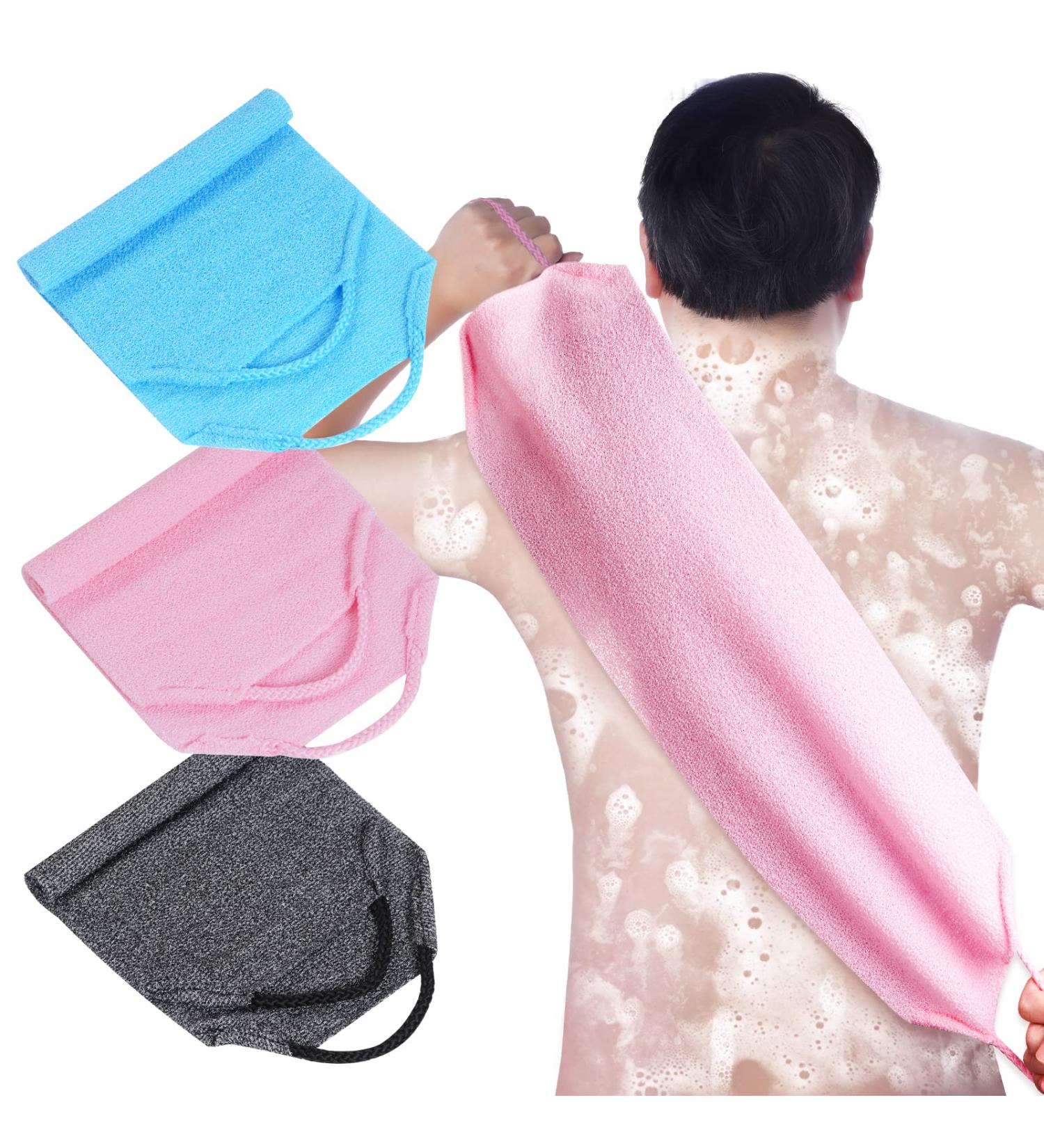 3 Pack Exfoliating Body Scrubbers with Handle - Dual Sided Nylon Back Washer - Stretchable Pull Strap - Perfect for Shower or Bath - Pink, Blue, Grey - Buy Online on GoSupps.com