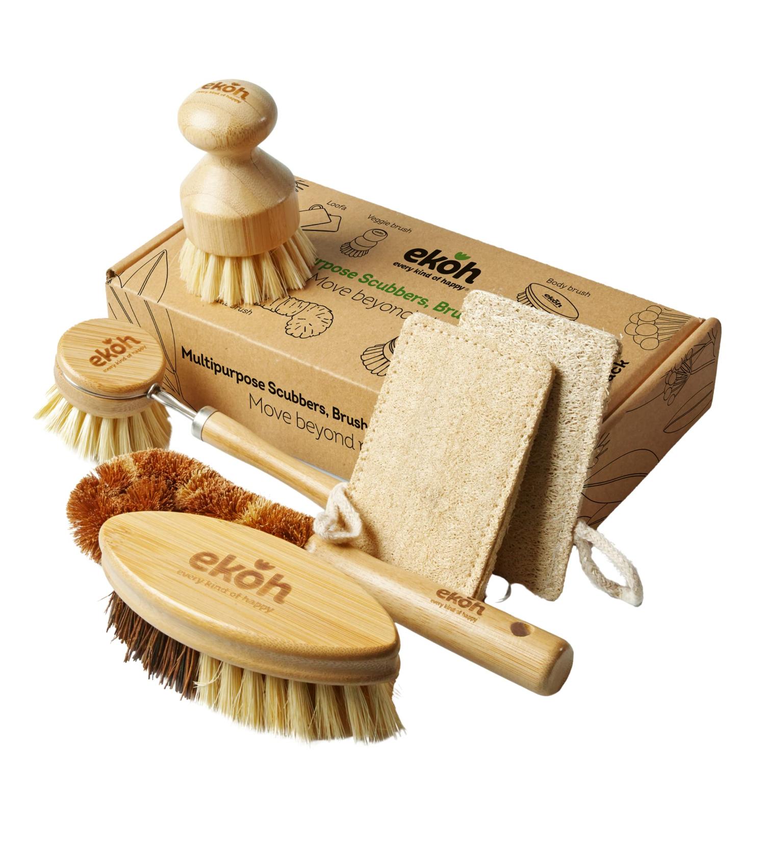 EKOH 6-Pack Bamboo Brushes & Loofah Sponges Set | Dry Brushing Body, Nail & Feet Scrubber | Bottle & Dish Brush | Natural Soft Bristles | Home Shower & Bath Essentials - Buy Online on GoSupps.com