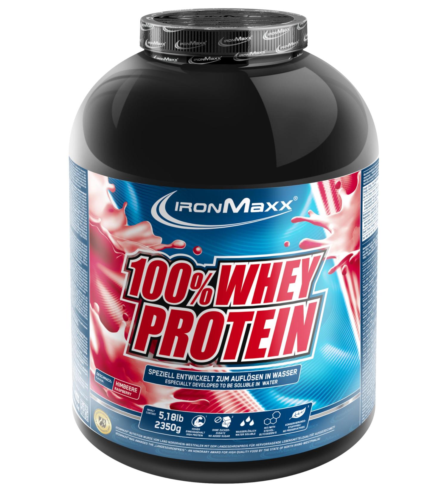 Ironmaxx 100% Whey Protein Powder - Raspberry Flavor (2.35kg) | Water-Soluble Protein | International Shipping Available - Buy Online on GoSupps.com