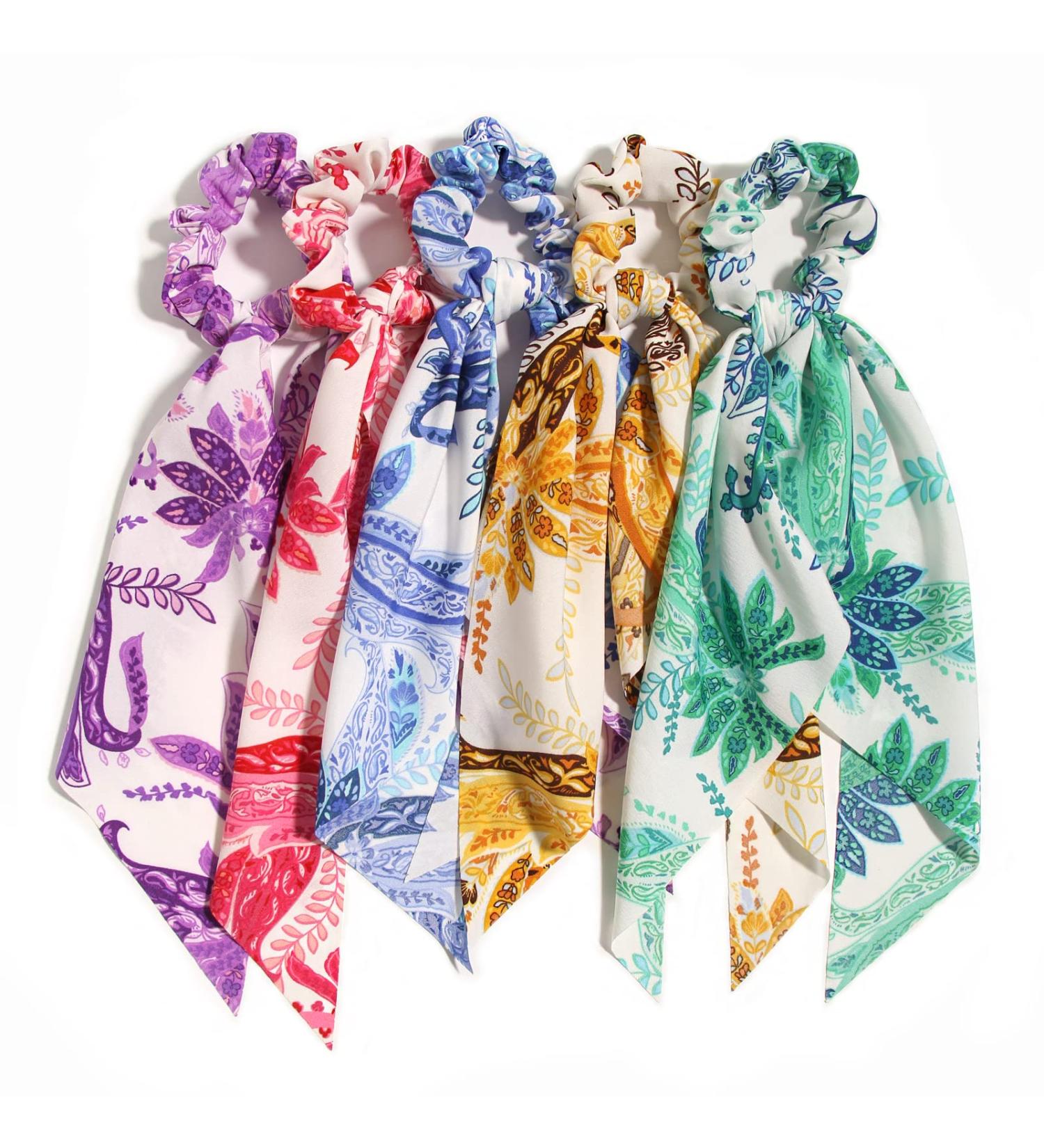Furling Pompoms Floral Printed Hair Scarf Scrunchies - 5pcs Women's Bow Hair Bands with Long Tail Ponytail Holder - Buy Online on GoSupps.com