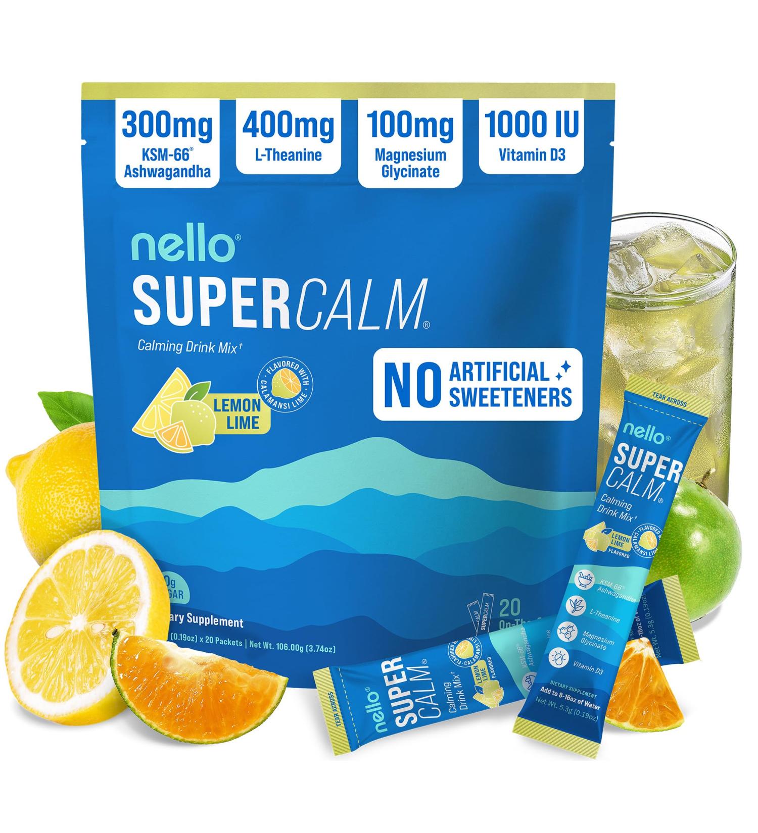Nello Supercalm Powdered Drink Mix, Cortisol Reducer* and Sleep Aid Supplement, L Theanine, Ksm-66 Ashwagandha, Magnesium Glycinate, Vitamin D 3, No Sugar, Non GMO, On The Go, 20 Ct, Lemon Lime Lemon Lime 20 Servings (Pack  - Buy Online on GoSupps.com