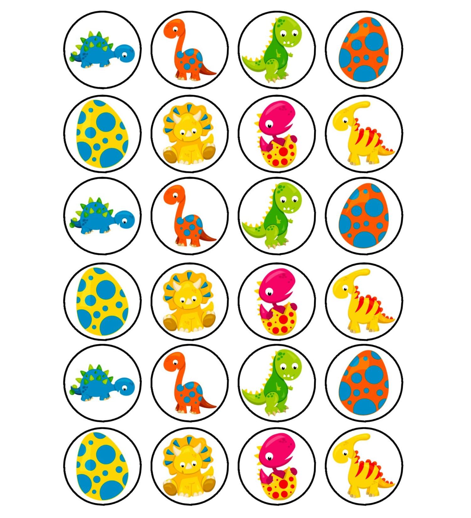 24 Dinosaur Theme #2 Edible Cupcake Toppers - Stand Up Disc Wafer Cake Decorations