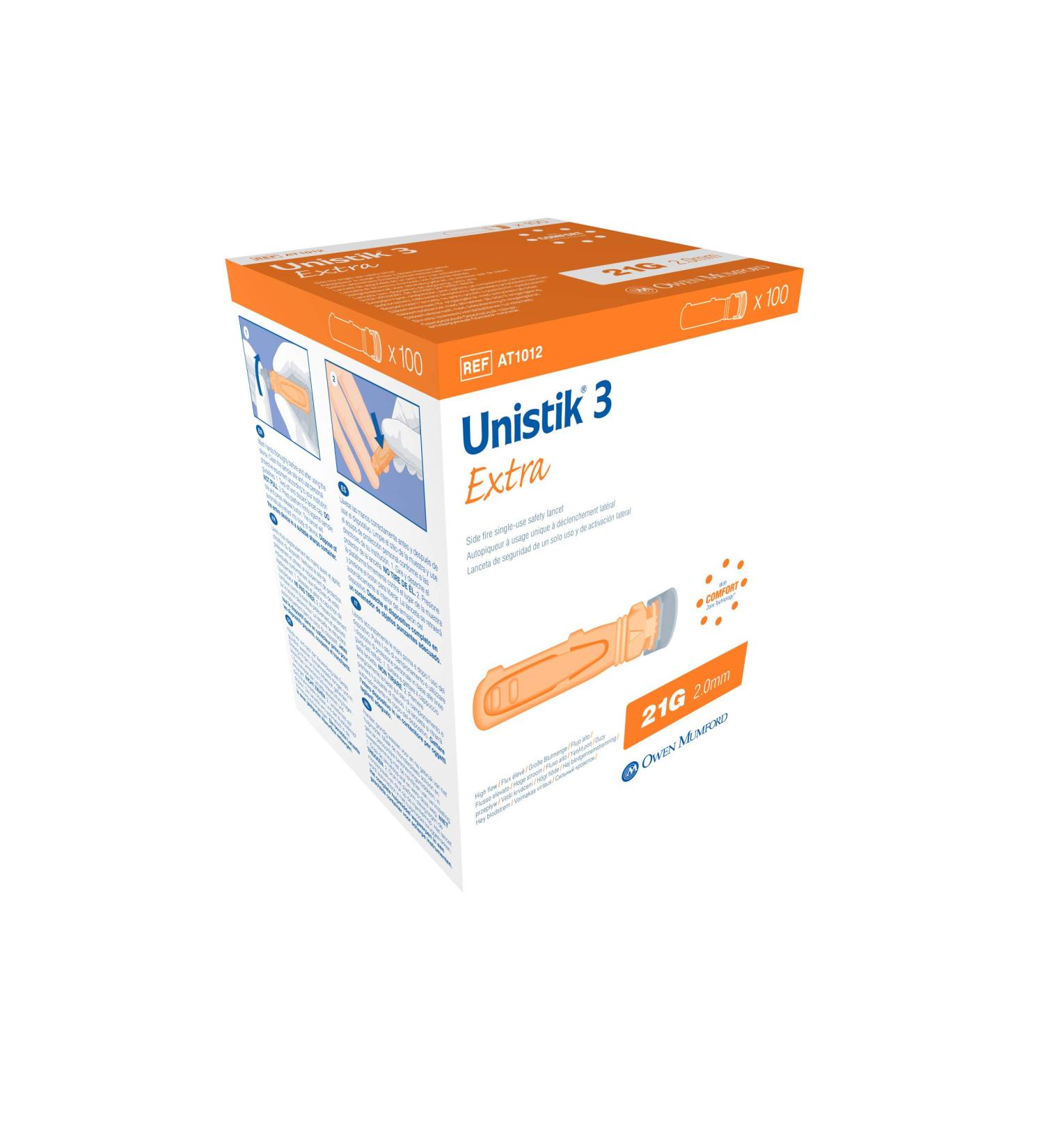 Owen Mumford Unistics 3 Extra Blood Lancelets 21g - Compatible with Beurer Medisana Accu-Chek | 100 Pieces - International Shipping Available - Buy Online on GoSupps.com