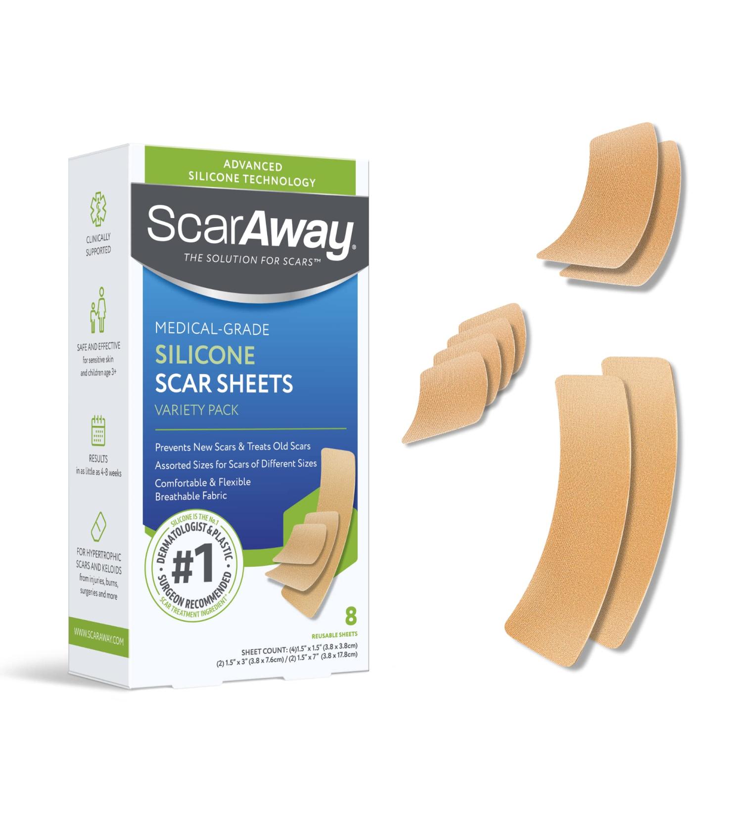 ScarAway Silicone Scar Sheets Variety Pack - Medical Grade Treatment for Surgical, Burn, Acne Scars - 8 Reusable Strips - Buy Online on GoSupps.com