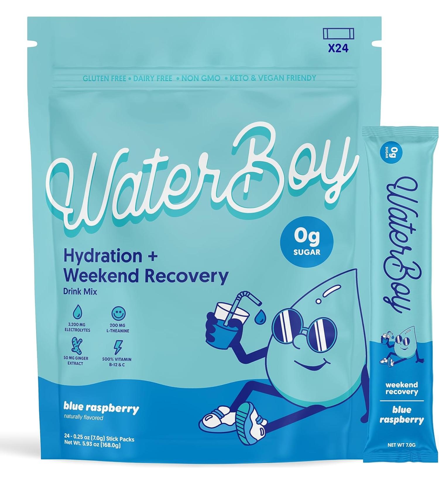 Waterboy Sugar-Free Electrolyte Hydration Powder Packets - Hangover Relief with Ginger, L-Theanine, and Multiplier Vitamins - 20 Drink Stick Mixes - Raspberry Flavor - 20 Count - Buy Online on GoSupps.com