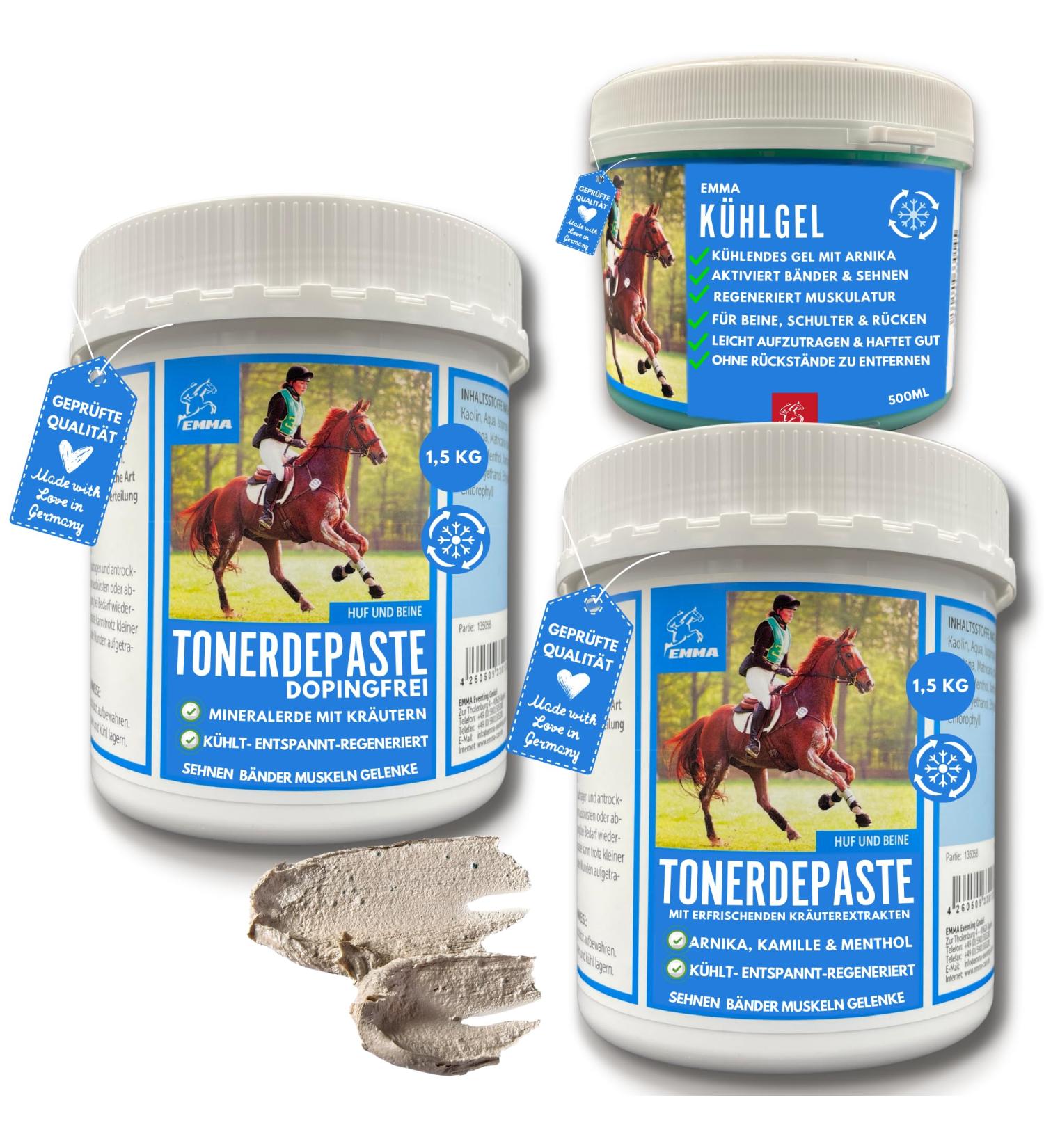 Emma Horse Clay + Cooling Gel Set I Horse Balm + Arnica I Normal Acetic Acid Clay + No Doping I Clay Paste I Healing Mud Cooling Paste Muscle Tendon 2 x 1.5 kg 500 ml - Buy Online on GoSupps.com