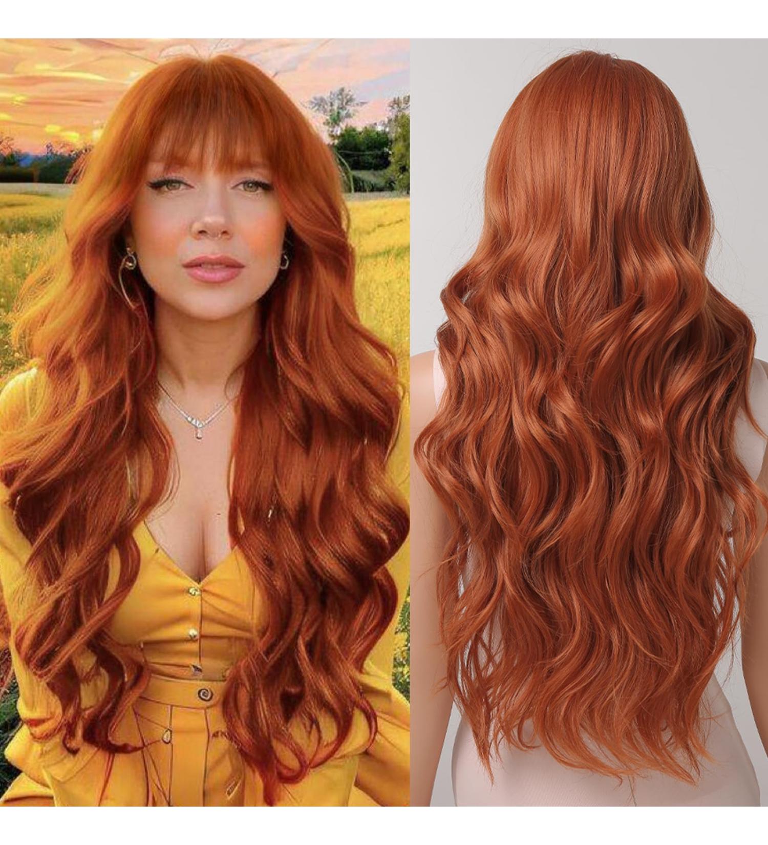 Long Orange Wigs for Women | Body Wave Ginger Hair Synthetic Wigs with Bangs - Shop Internationally! - Buy Online on GoSupps.com