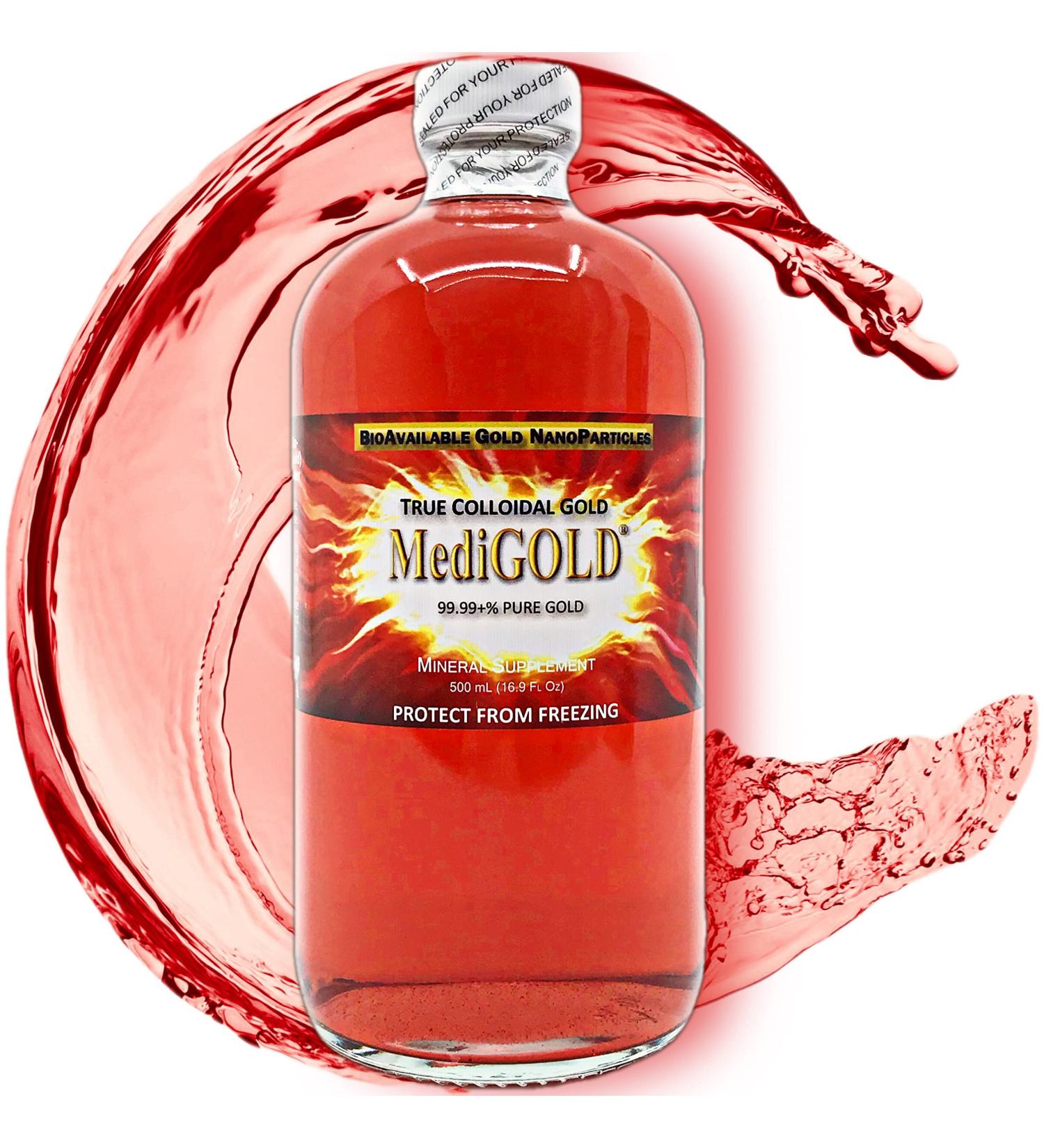 MediGOLD True Colloidal Gold Dietary Supplement - 500 mL (16.9 Fl Oz) - Clear Glass Bottle - Buy Online on GoSupps.com