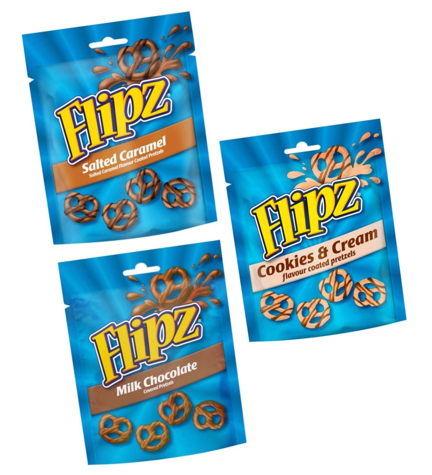 Flipz Coated Pretzels Gift Selection - Milk Chocolate, Cookies & Cream, Salted Caramel - 3 x 90g Bags - Perfect Picnic & Party Treat or Thank You Gift! Flippin' Awesome! - Buy Online on GoSupps.com