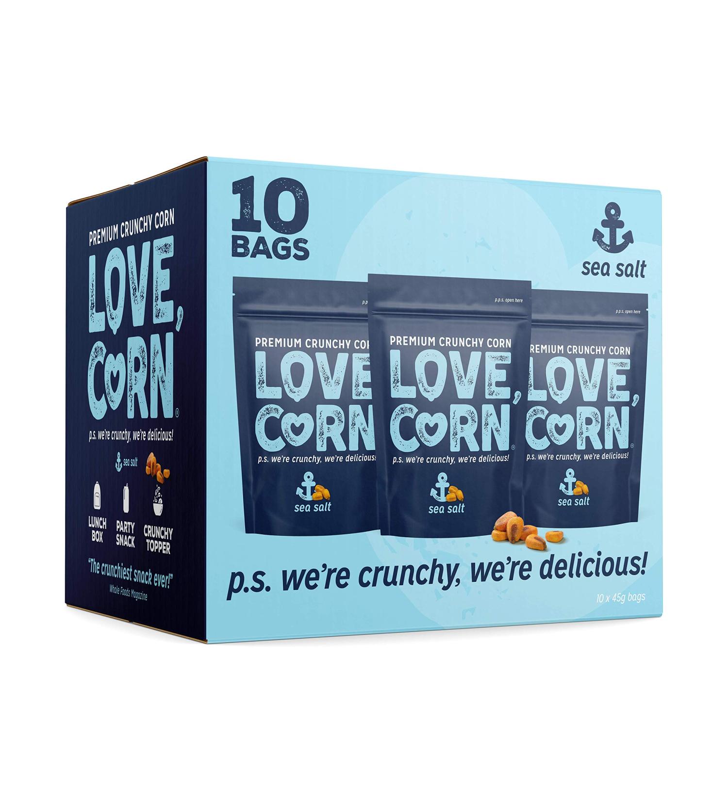 LOVE CORN Sea Salt Snack 1.6oz x10 Bags | Crunchy Non-GMO Gluten-Free Plant Based Low-Sugar | Salted Corn Snack Pack - Buy Online on GoSupps.com
