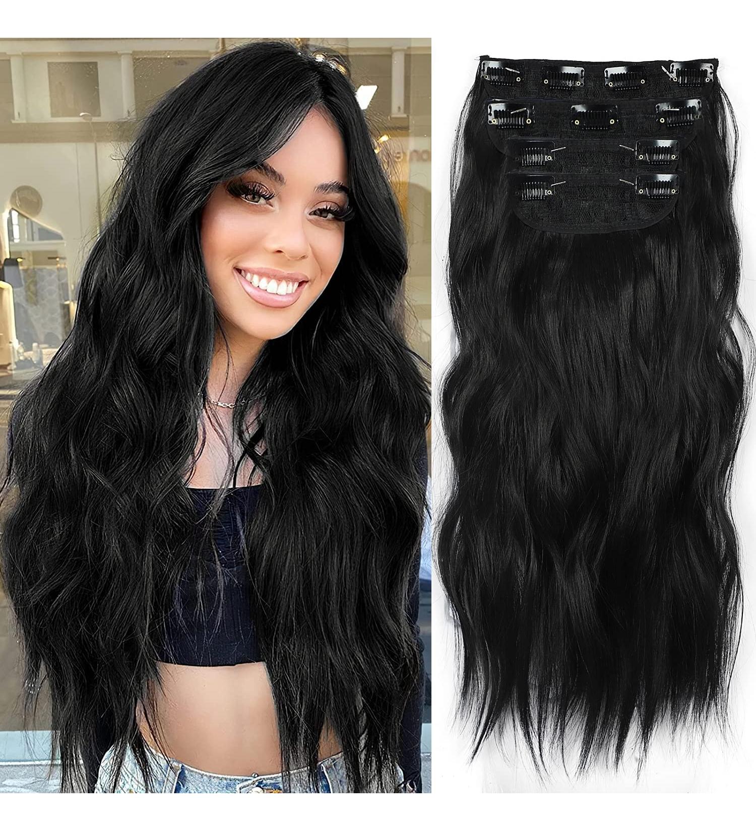 Clip In Beach Wavy Hair Extensions - 4 Pieces Black Synthetic Hair for Women | Thick Soft 50cm Full Head Extensions (1B#) - Buy Online on GoSupps.com