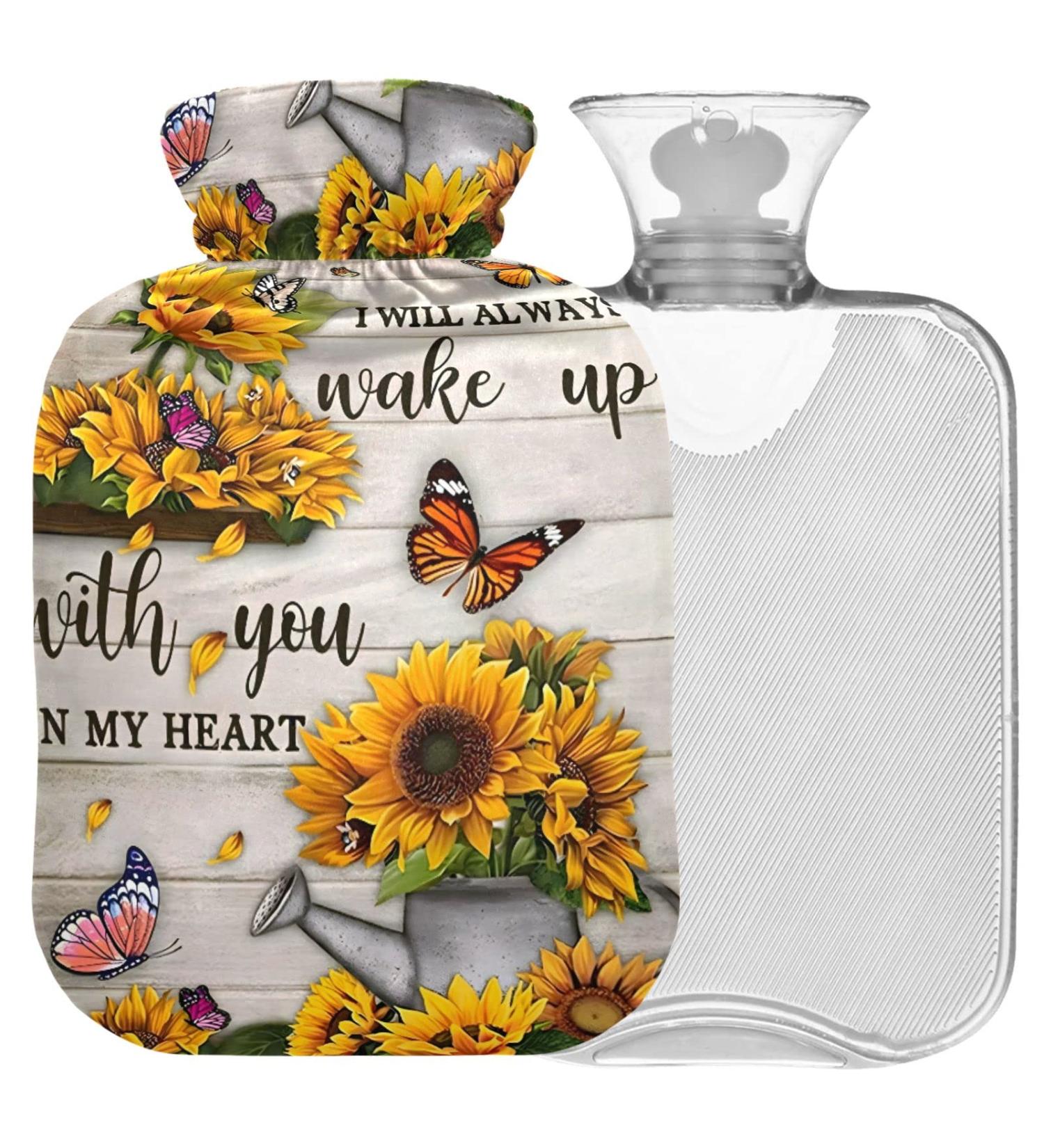 Shop Naanle Wood Butterfly Sunflower Hot Water Bottle - 1L Hand & Foot Warmer for Pain Relief | Transparent Cover & Heat Therapy - Buy Online on GoSupps.com