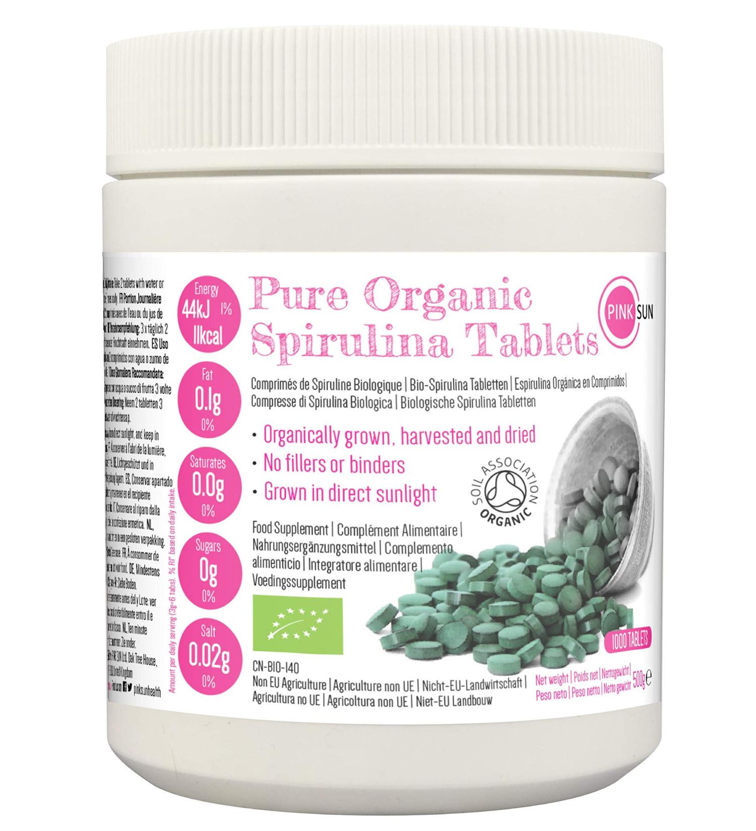 PINK SUN Organic Spirulina Tablets 1000 x 500mg | Gluten Free, Non GMO | Certified Organic by The Soil Association | Vegetarian and Vegan Friendly | 500g Bulk Buy - Buy Online on GoSupps.com