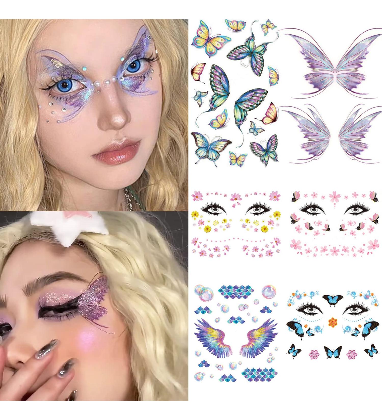 Shiny Butterfly Flower Glitter Makeup Stickers for Women - Waterproof Temporary Tattoo for Party - 6 Sheets - Buy Online on GoSupps.com