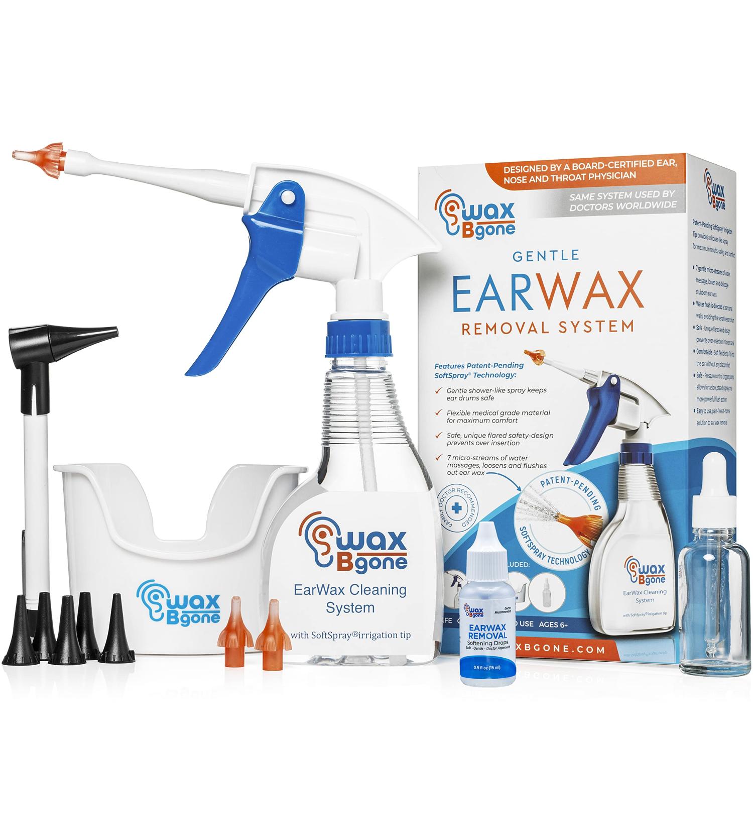 WaxBgone Ear Wax Removal Kit with SoftSpray Irrigation Tips - Safe & Effective Removal for Adults & Kids - Includes Softening Drops & Rigid Wand - Buy Online on GoSupps.com