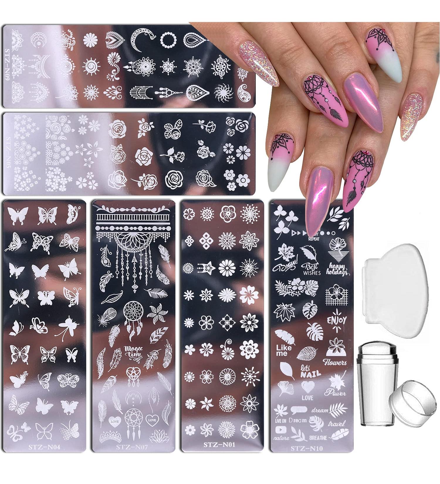 Nail Stamp Plate Kit - Butterfly Flower Feather Designs - 6 Stamping Plates + Stamper & Scraper - Retro Fashion Nail Art Set for Women - Buy Online on GoSupps.com