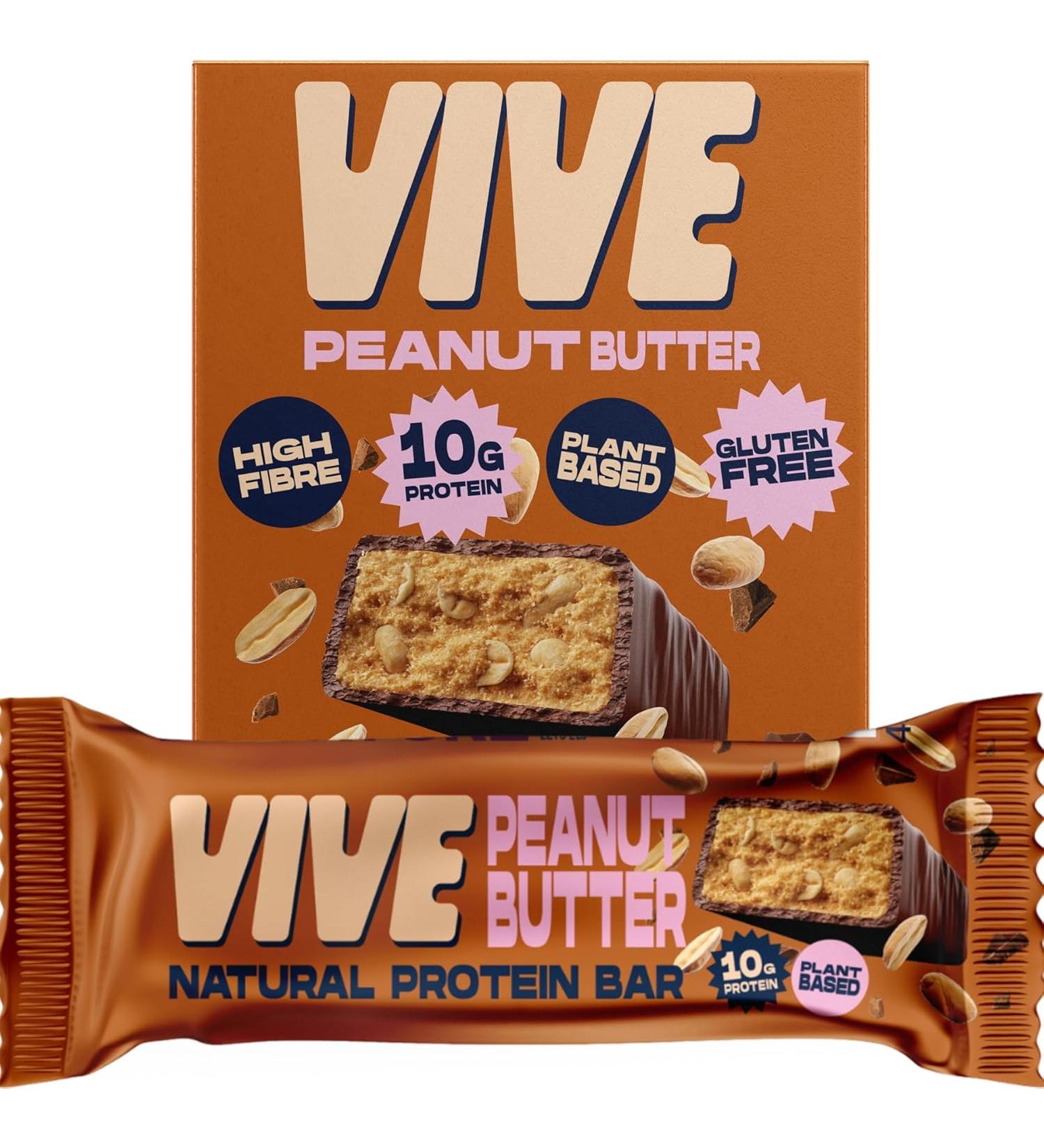 Vive Vegan Protein Bar: 100% Plant Based High Protein Chocolate Coated Snack - Dairy & Gluten Free Peanut Butter - 12 Count Pack - Buy Online on GoSupps.com