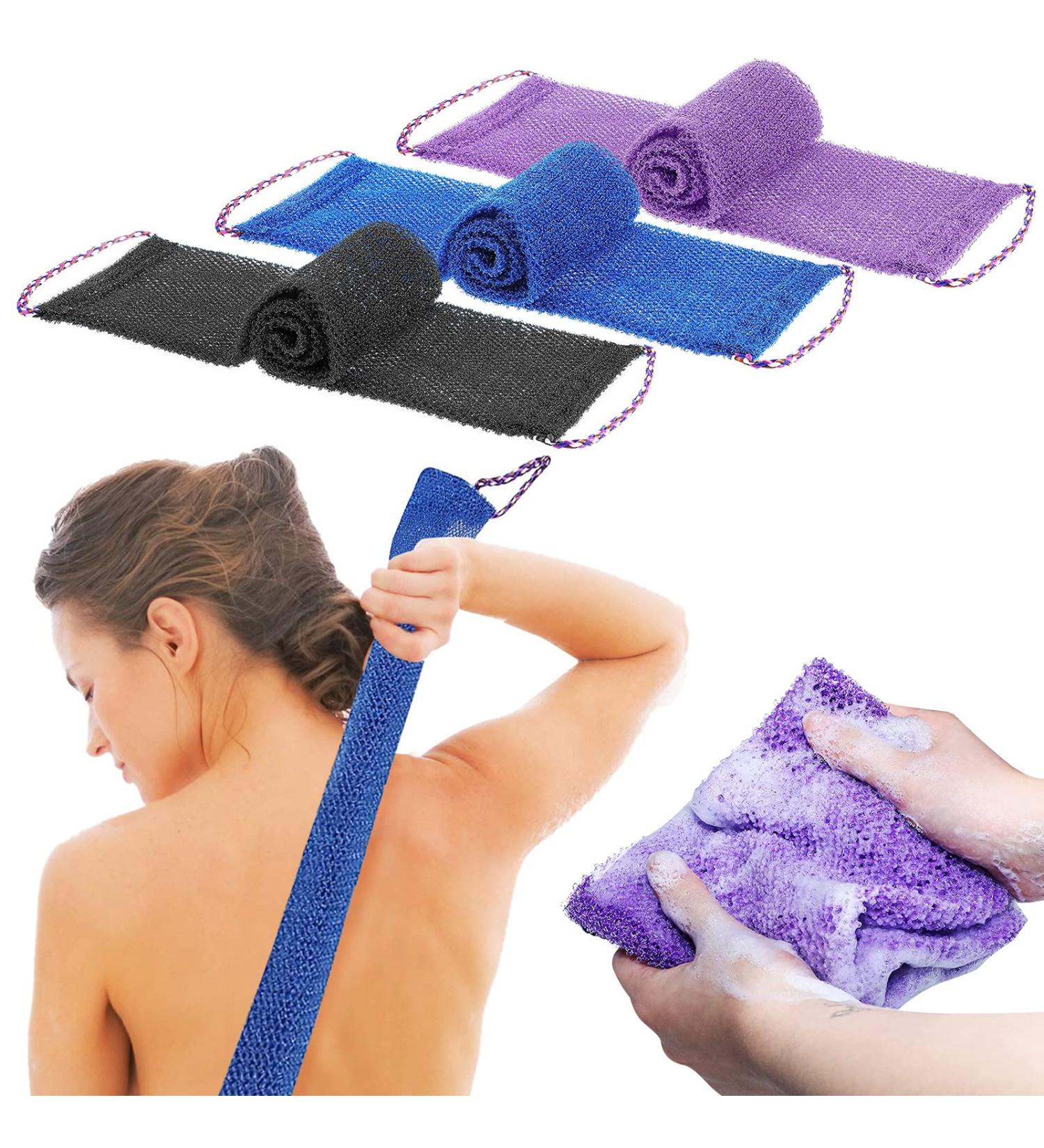 African Long Body Scrubber 3 Pack with Handle | Nylon Exfoliating Washcloth Set for Shower | Exfoliation Bathing Towel for Women Men - Black Purple Blue - Buy Online on GoSupps.com