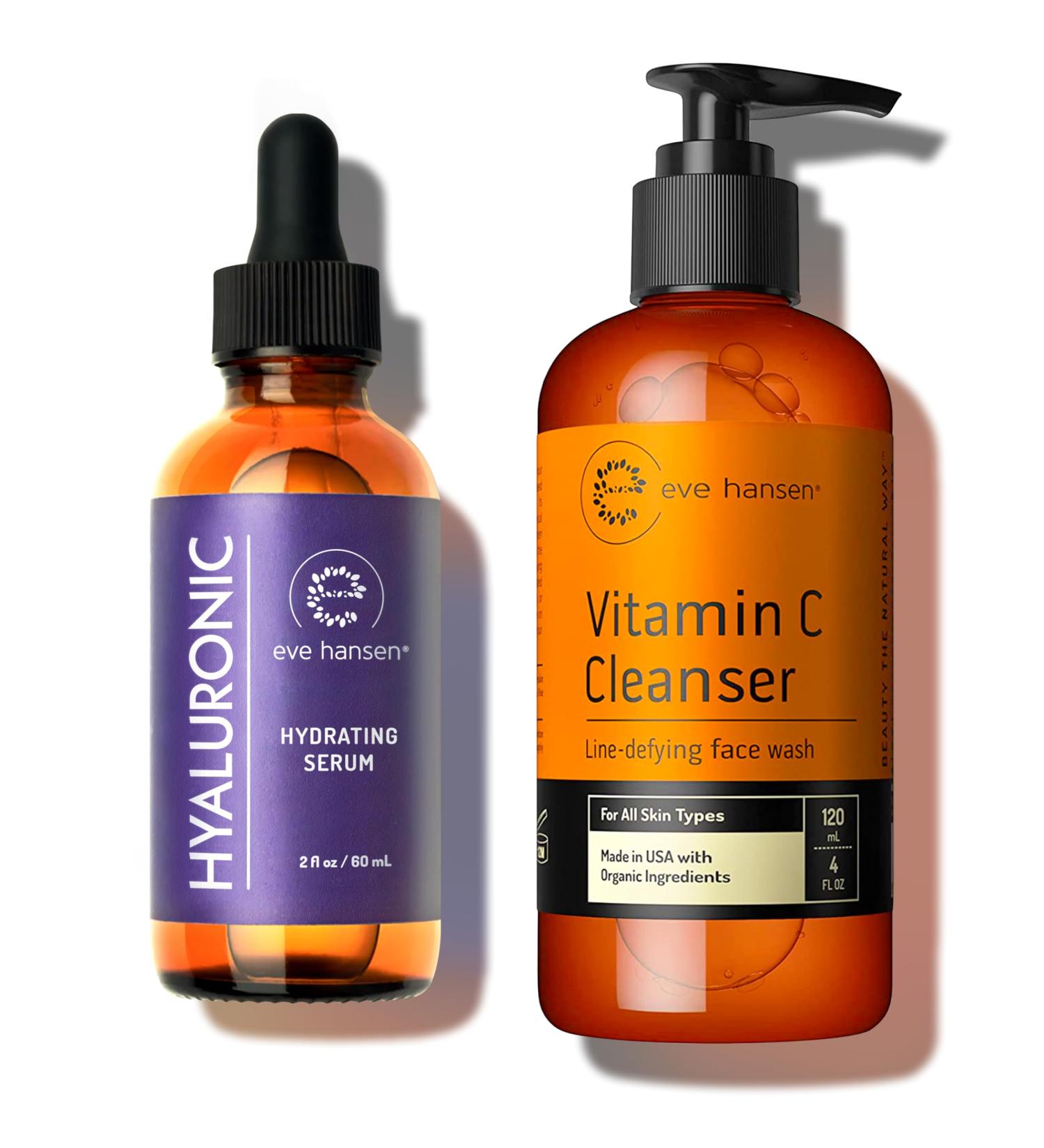 Eve Hansen Hyaluronic Acid Serum (2 oz) & Vitamin C Cleanser Face Wash - Hydrating Facial Bundle for Fine Lines Dark Circles and Age Spots | Cruelty-Free Vegan Skincare - Buy Online on GoSupps.com