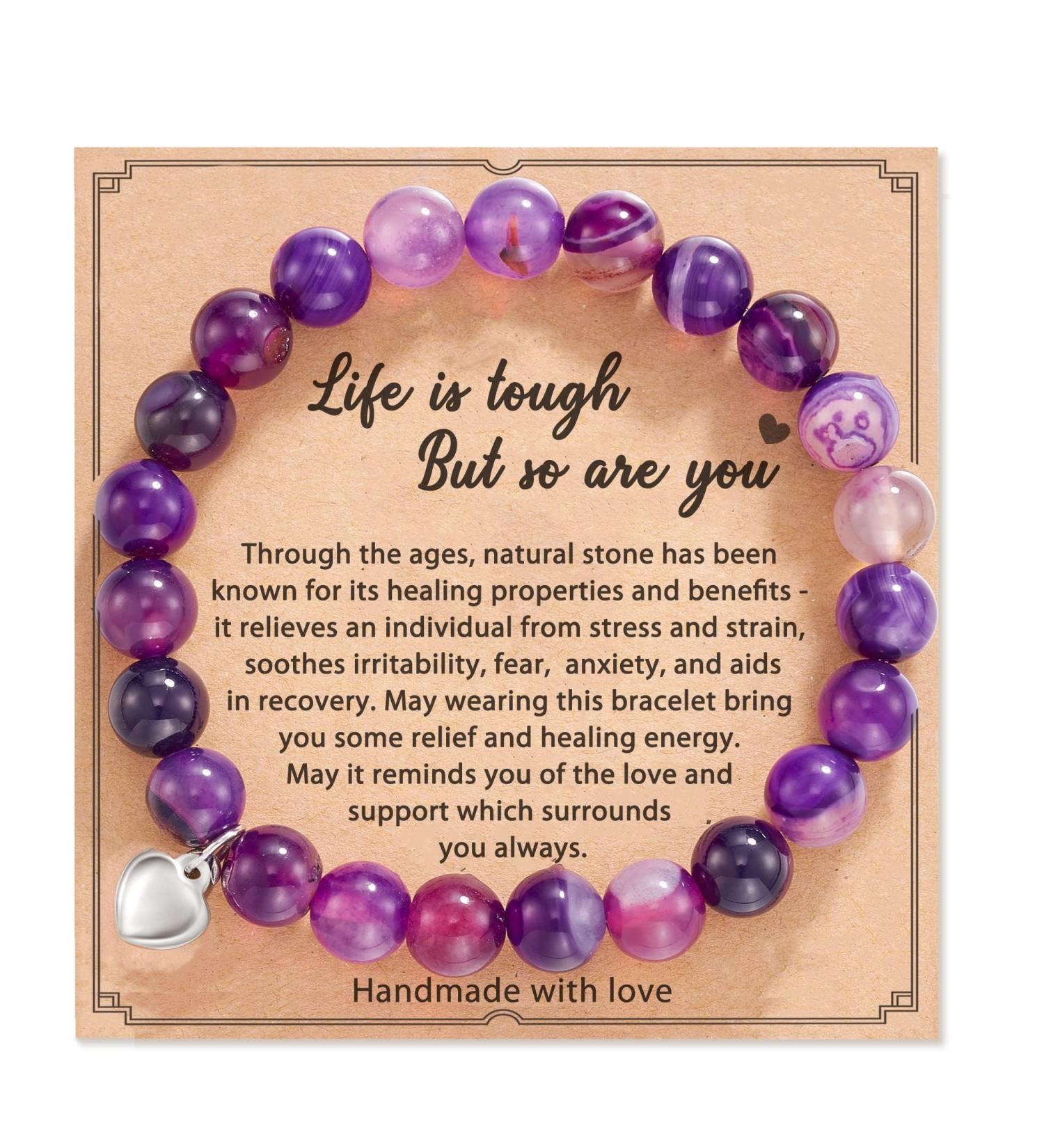 POWWA Amethyst Healing Bracelet - Natural Stone Get Well Soon Gift for Women, Men, Teen Girls - Purple - Buy Online on GoSupps.com