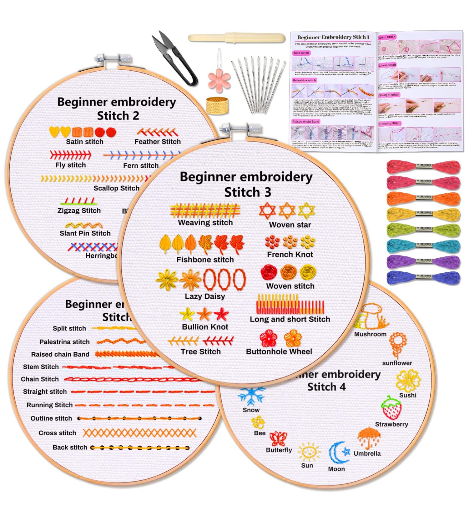 Embroidery Stitch Practice Kit - 4 Sets Beginners Starter Kit with 30 Stitches, Cloth, Hoop - Buy Online on GoSupps.com