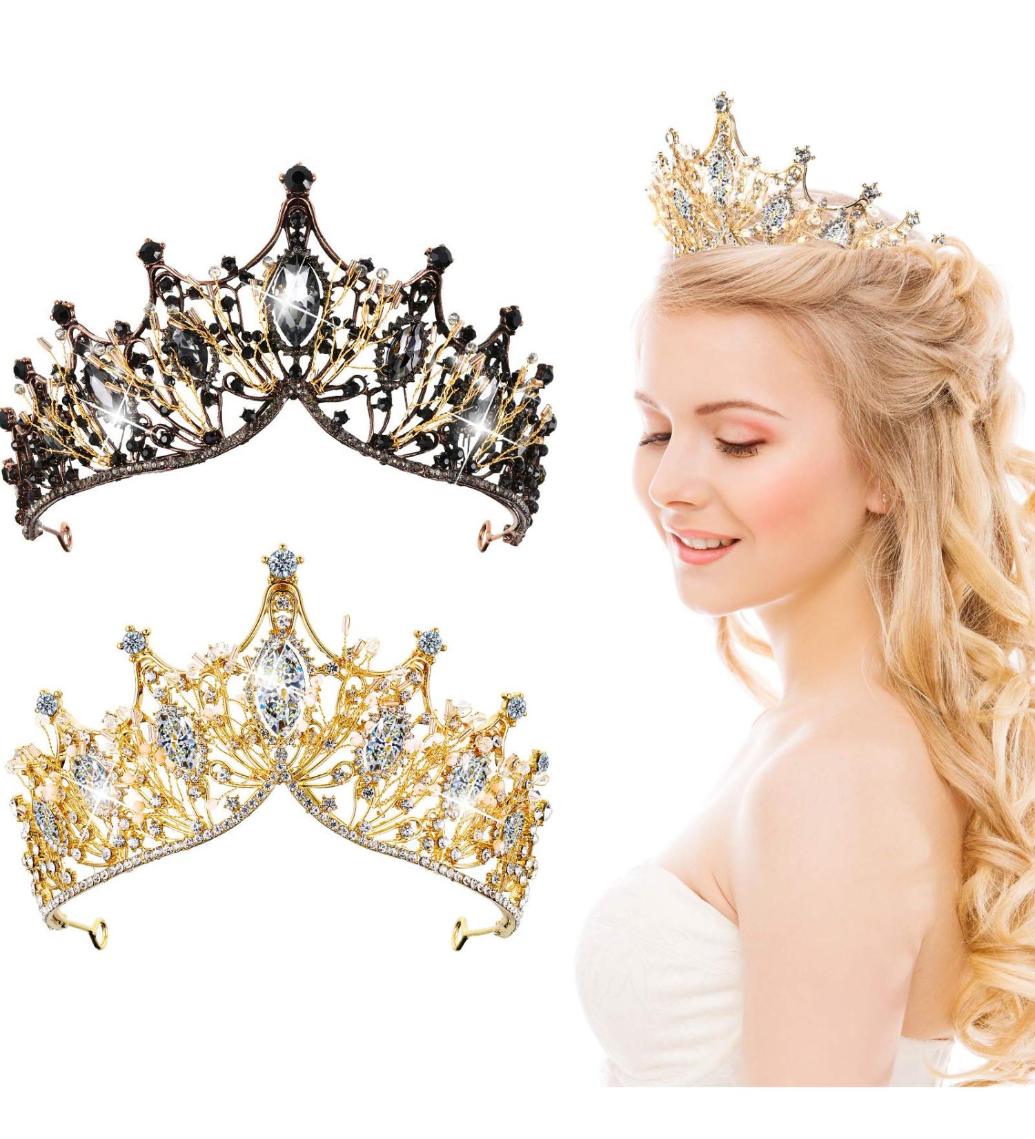 Baroque Queen Crown Set - Rhinestone Wedding Tiaras for Brides, Bridesmaids, and Princesses - Gold and Black Headbands for Wedding, Prom, and Parties - Buy Online on GoSupps.com