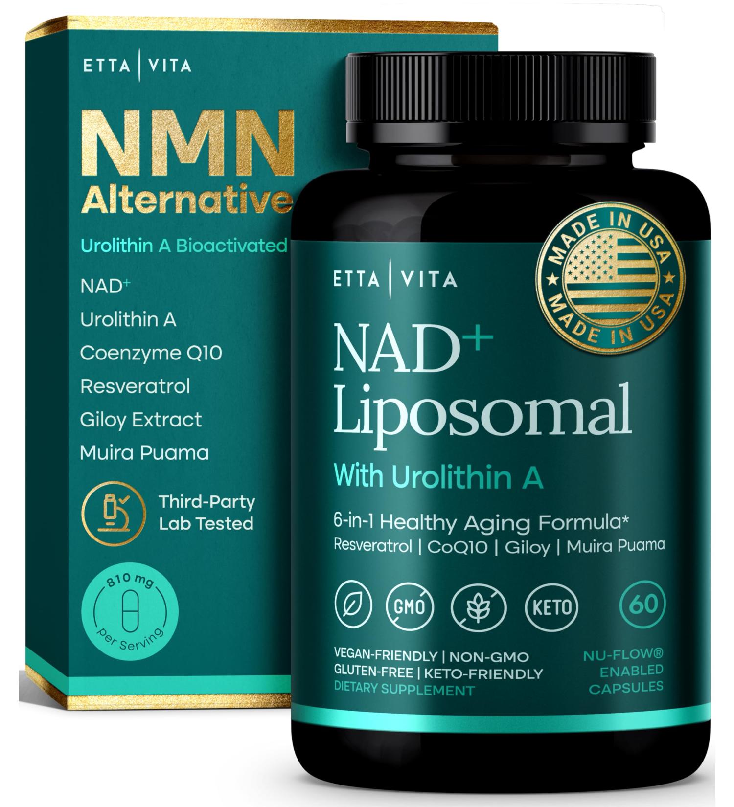 Liposomal NAD+ Supplement - Resveratrol Urolithin A CoQ10 & Muira Puama (Made in USA) NAD Supplement for Natural Energy Brain Fog Digestion Detox Gut Health Microbiome NR NMN Replacement - Buy Online on GoSupps.com