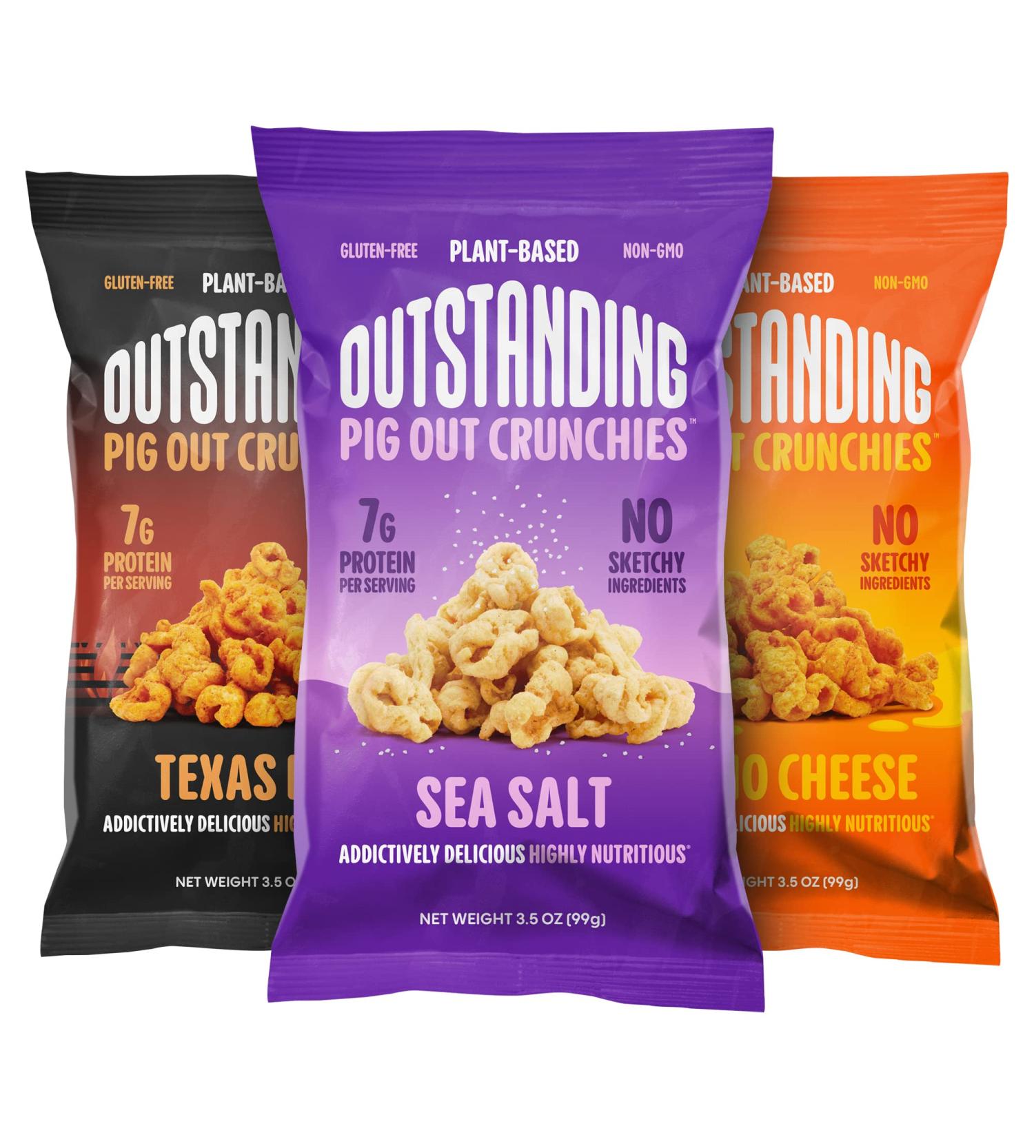 Outstanding Foods Pig Out Crunchies Variety Pack - Plant-Based Protein Snacks - Sea Salt, Texas BBQ, Nacho Cheese Flavors - 3.5 oz - Baked, Gluten-Free, Non-GMO - Pack of 3 - Buy Online on GoSupps.com