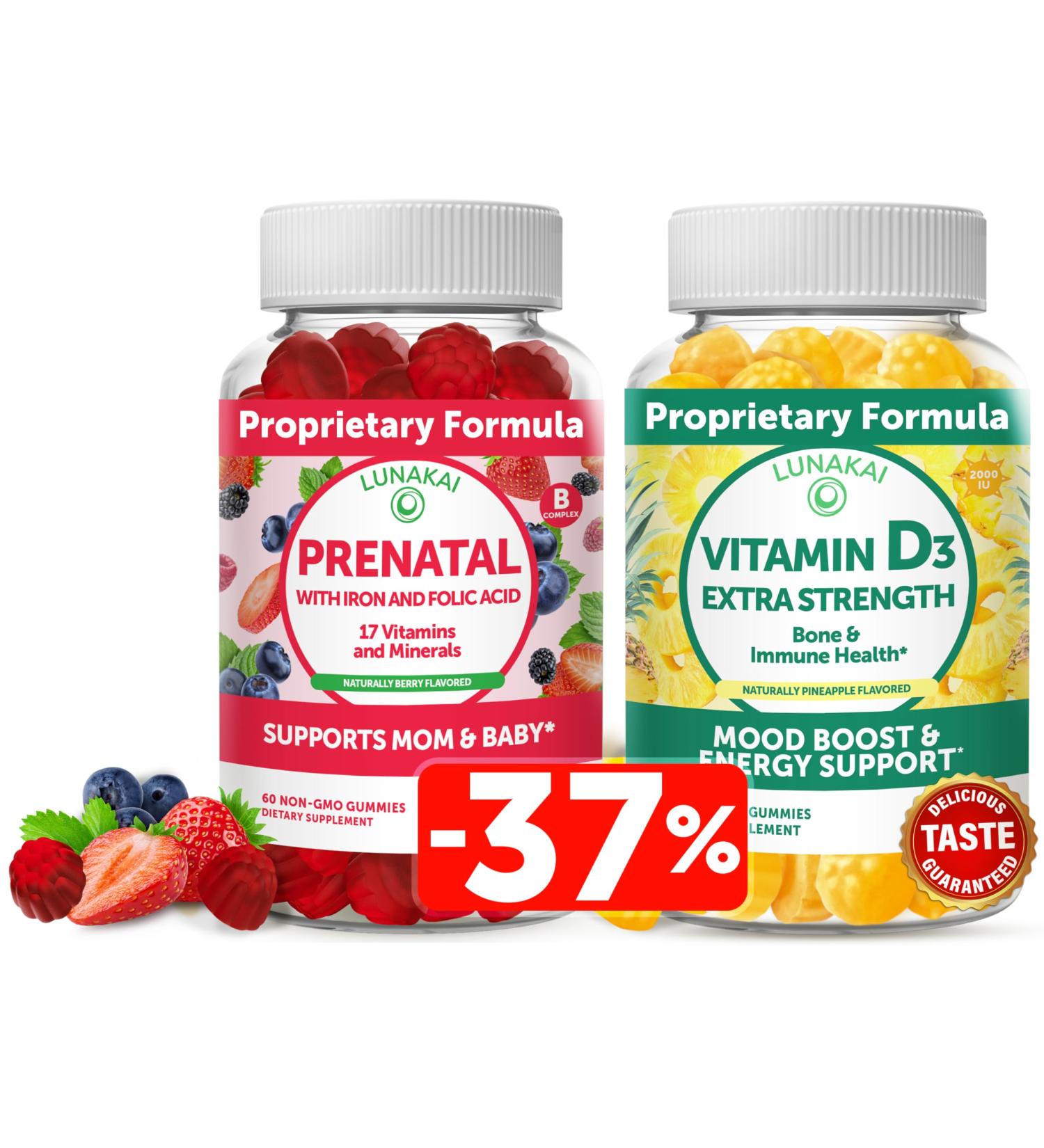 Lunakai Prenatal and Vitamin D3 Gummies Bundle - Pregnancy Multivitamin Gummy with Iron & Folic Acid - Immunity Bone and Mood Support Supplement for Adults - Buy Online on GoSupps.com