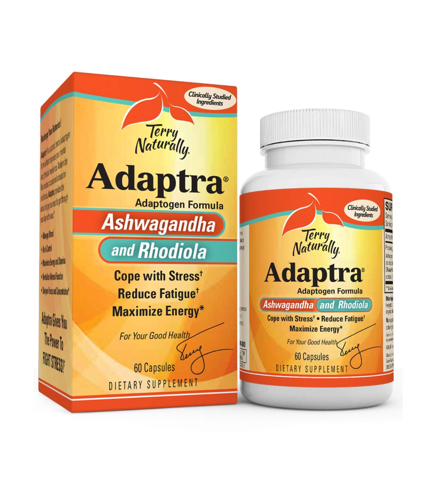 Terry Naturally Adaptra - 60 Capsules - Ashwagandha & Rhodiola Supplement for Stress Management & Energy Boost - Non-GMO, Gluten-Free - Buy Online on GoSupps.com