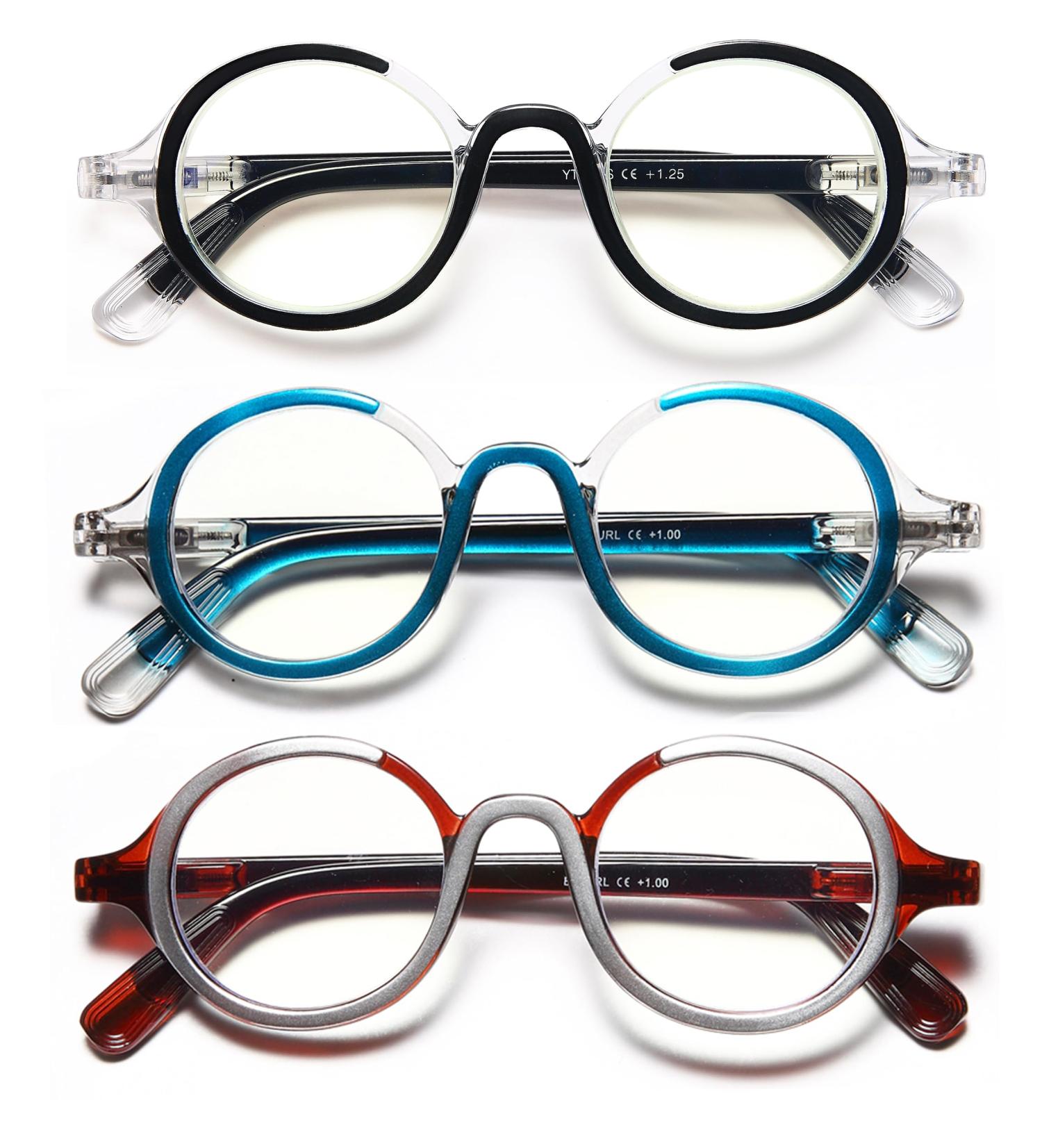 3 Pack Retro Round Blue Light Blocking Reading Glasses for Men & Women - Computer Readers with Spring Hinge - 2.0 Blue/Brown/Black - Buy Online on GoSupps.com