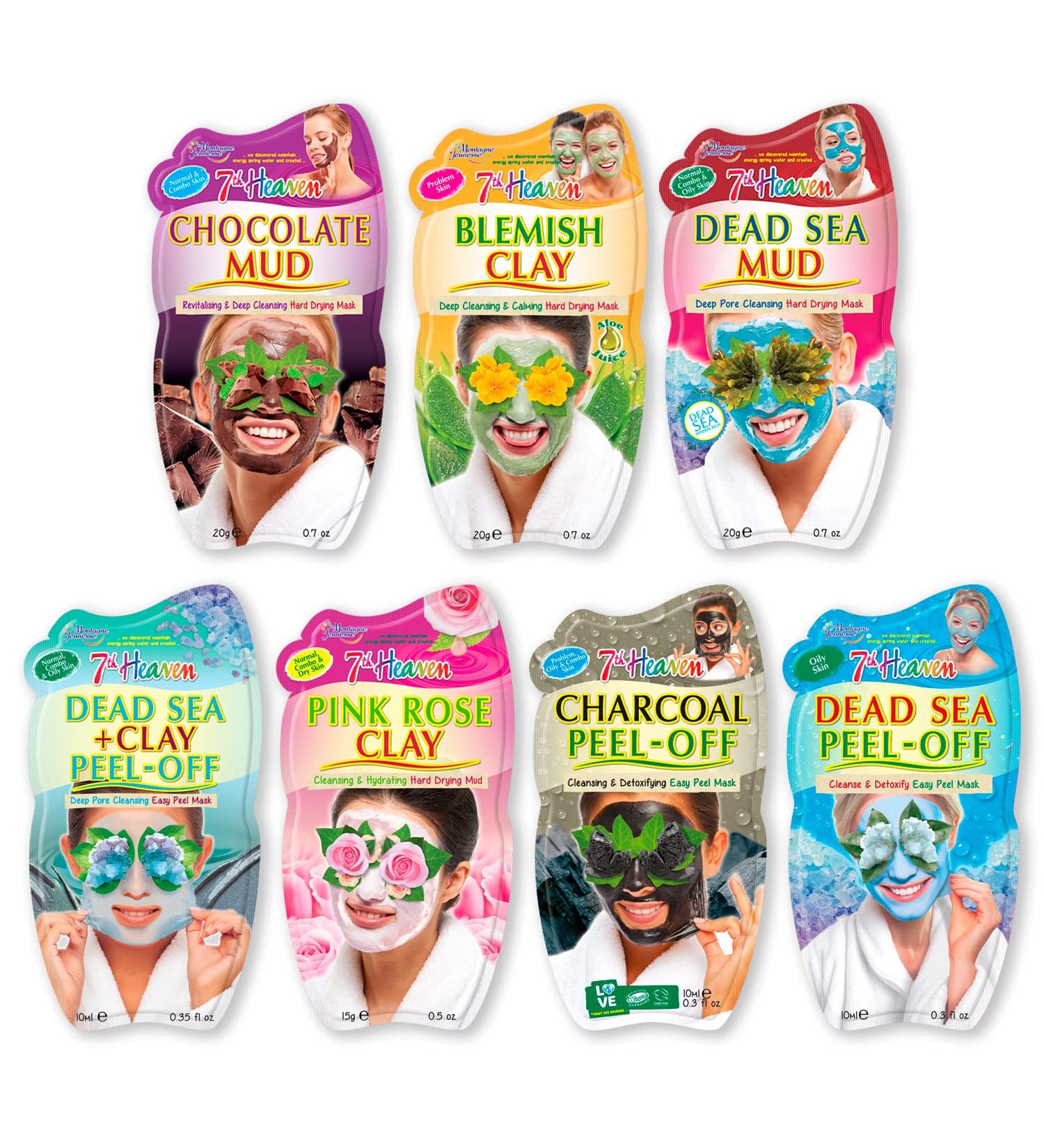 7th Heaven Face Masks Skincare Set - 7 Clay, Mud & Peel Off Masks Gift Set - Chocolate Mud, Charcoal, Dead Sea, Pink Rose - Perfect for a Spa Day at Home - Buy Online on GoSupps.com