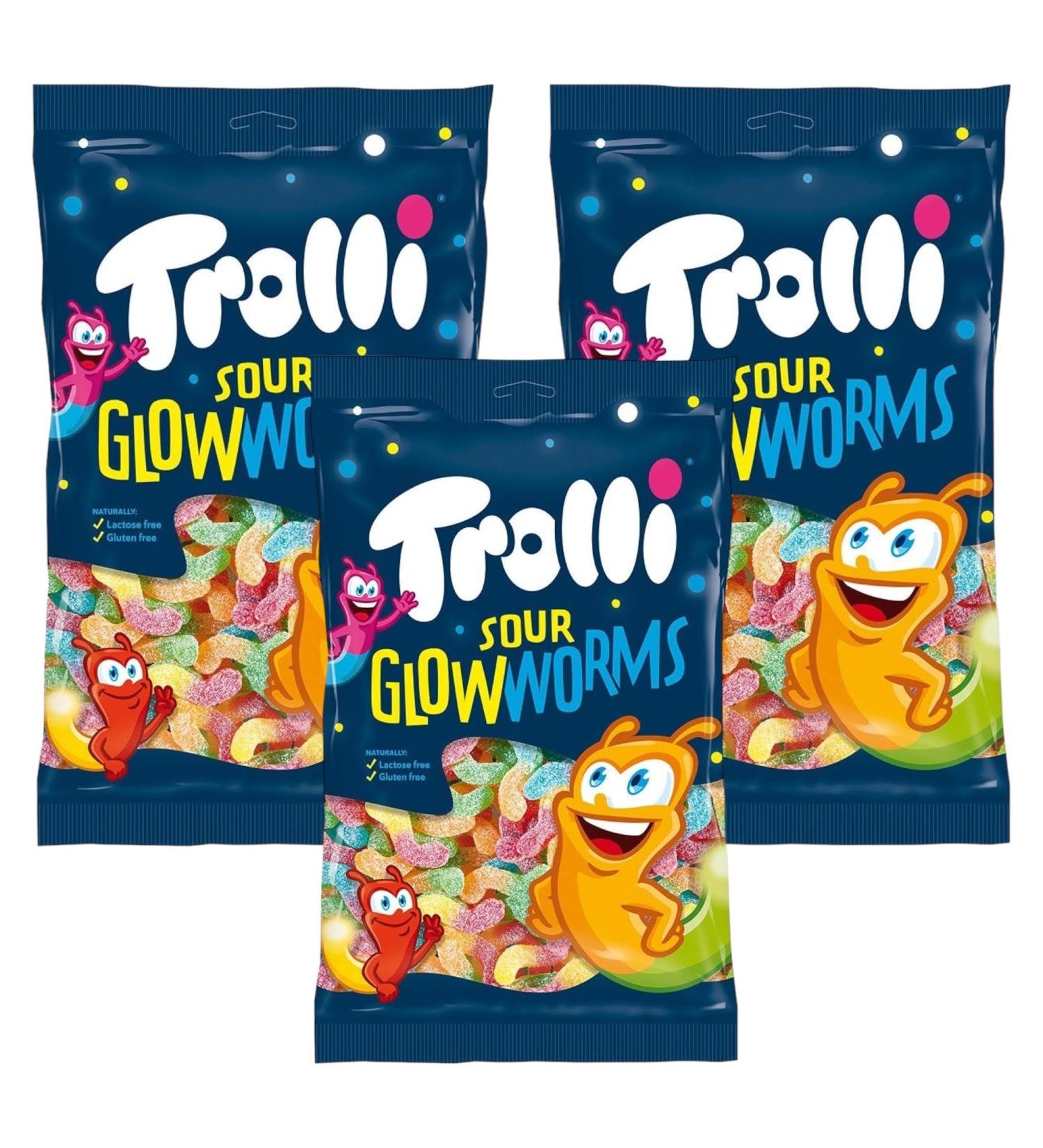 Trolli Sour Glowworms Gummy Candy Chewy Sweets Lactose Gluten Free 6 Fruity Flavours 150g - 3x Share Bags
