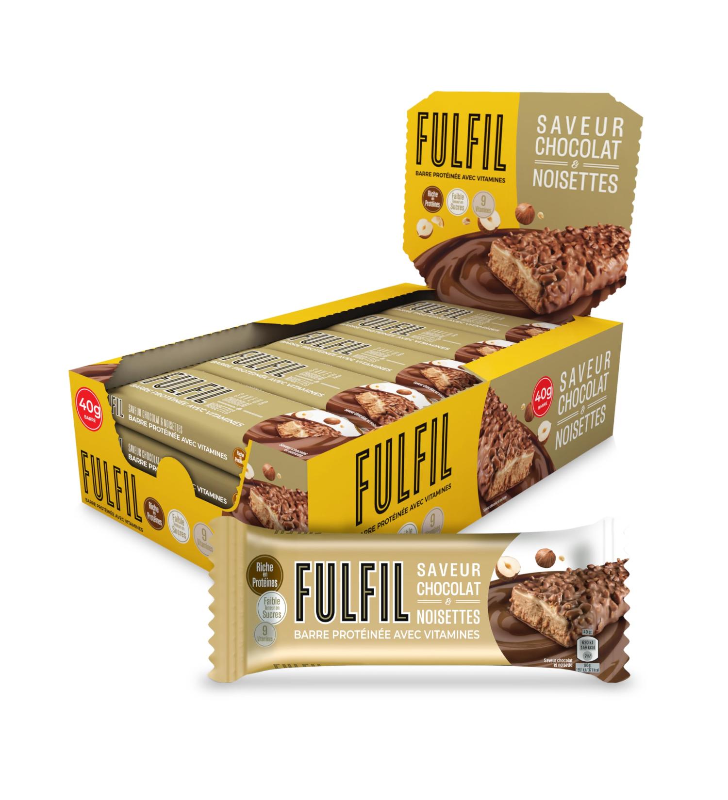 FULFIL - Protein Bar with Vitamins - Chocolate & Hazelnut flavor - Functional and gourmet bar - Easy to take with you - 15 b - Buy Online on GoSupps.com