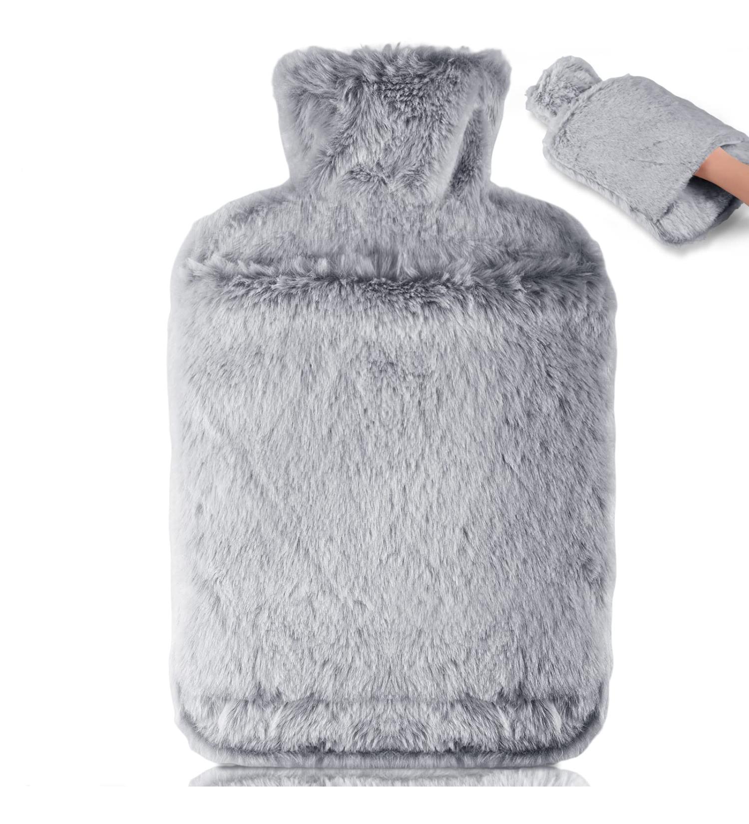 BOLEi 2L Hot Water Bottle with Faux Fur Cover - Leakproof Large Hot Water Bag for Pain Relief - Ideal for Women, Seniors, Children - Grey - Buy Online on GoSupps.com
