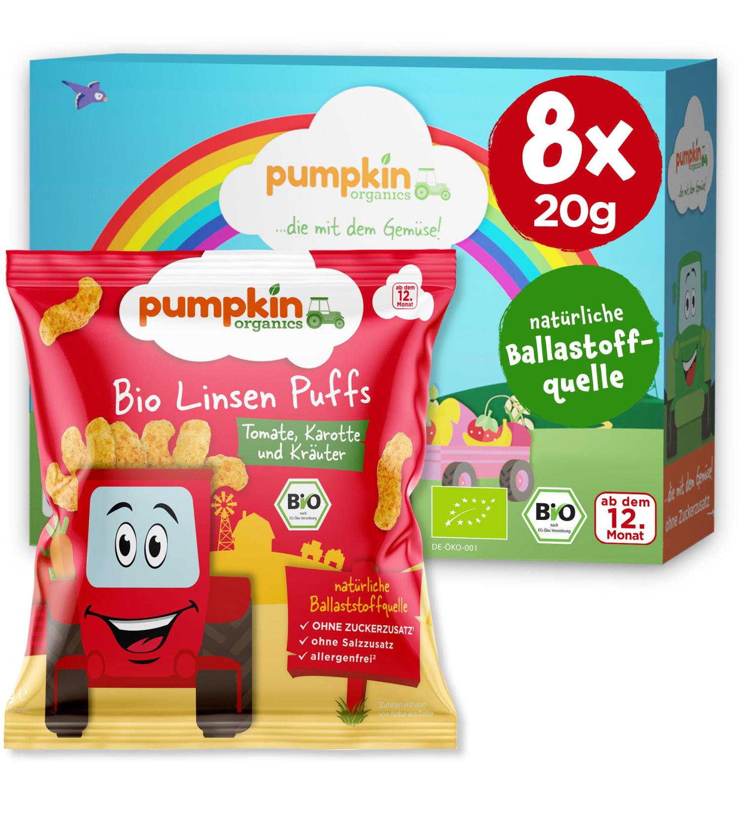 Buy Pumpkin Organics Bio Linsen Puffs with Cheese & Chives - Gluten-Free Baby Snacks (8-Pack) | Additive-Free Children's Crispy Treats (8x20g) - Buy Online on GoSupps.com