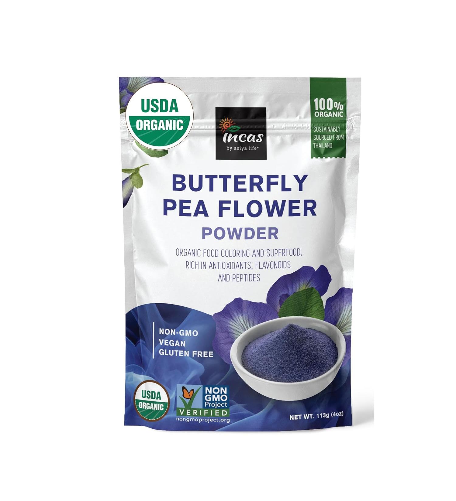 Incas USDA Organic Butterfly Pea Flower Powder - Non-GMO Blue Matcha Tea & Food Coloring from Thailand | Vegan - Buy Online on GoSupps.com