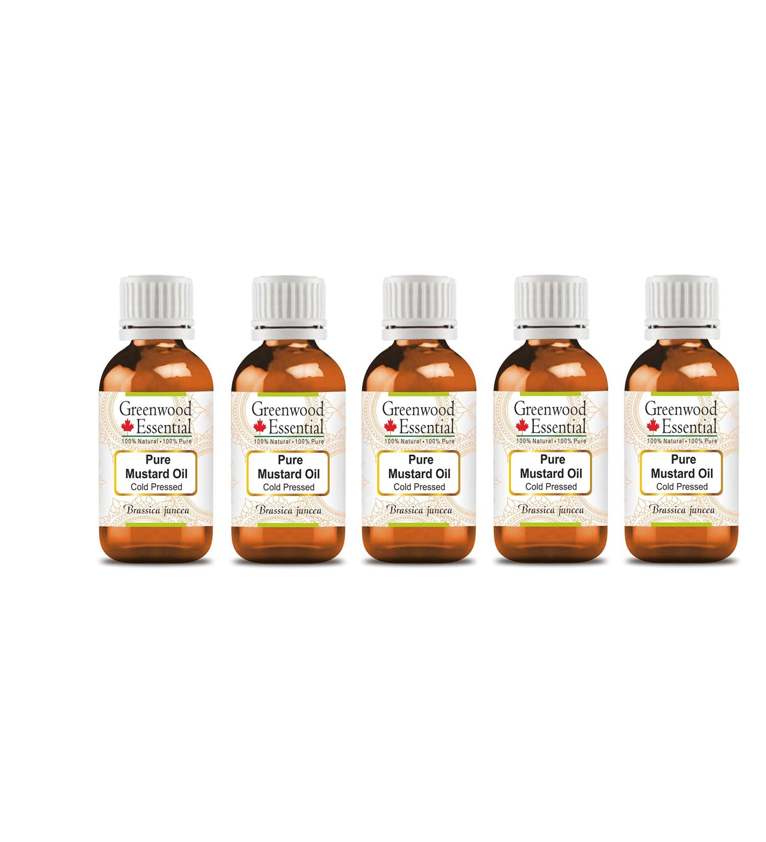 Greenwood Essential Natural Mustard Oil (Brassica Juncea) - Cold-Pressed Therapeutic Quality - 5 x 100ml Pack - Pure Mustard Oil (16.9 OZ) - Buy Online on GoSupps.com