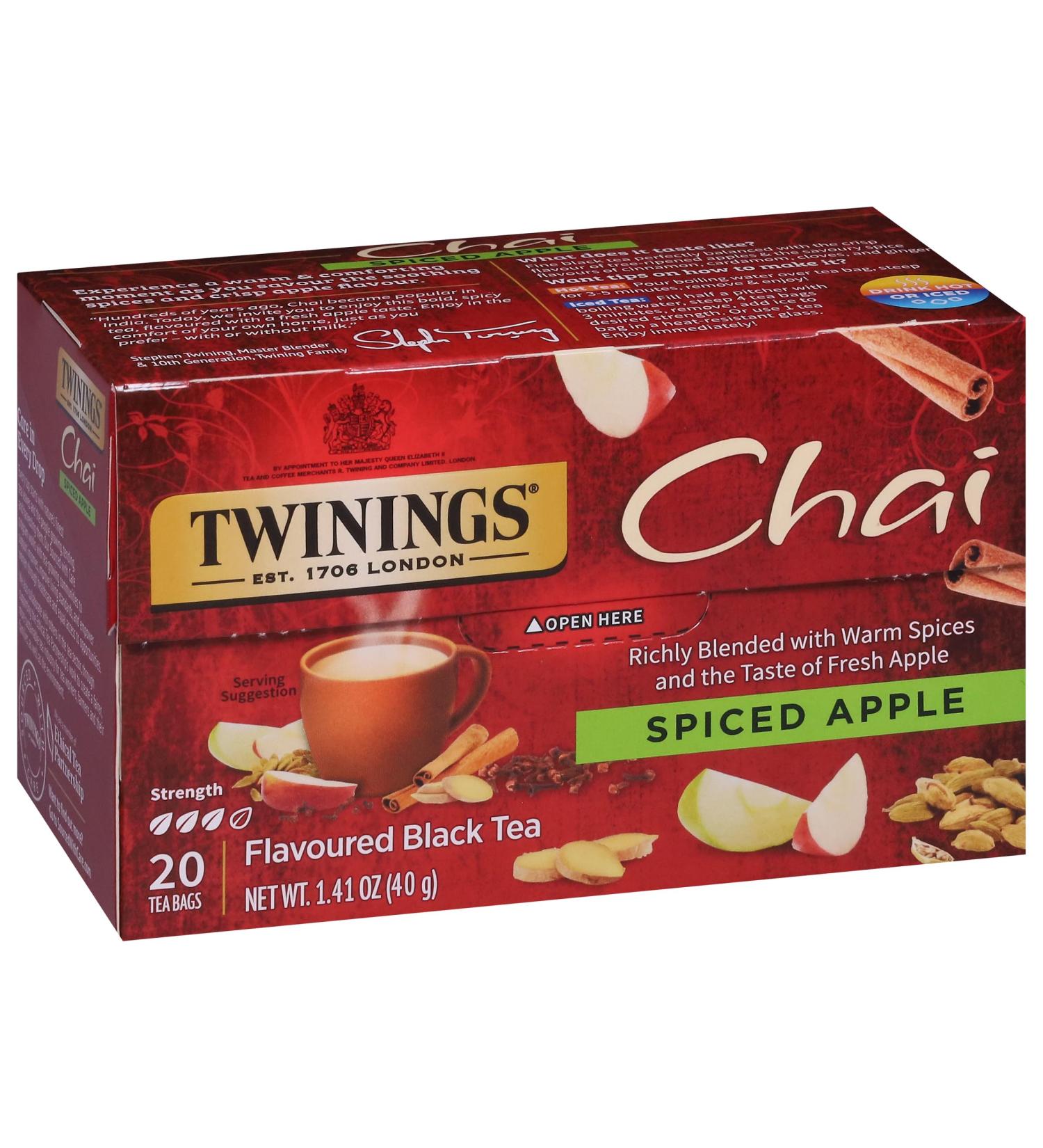 Twinings Spiced Apple Chai Individually Wrapped Black Tea Bags | Caffeinated Sweet & Savoury Apple Cinnamon Cardamom Cloves & Ginger | 20 Count (Pack of 6) | Enjoy Hot or Iced Spiced Apple Chai 20 Count (Pack of 6) - Buy Online on GoSupps.com