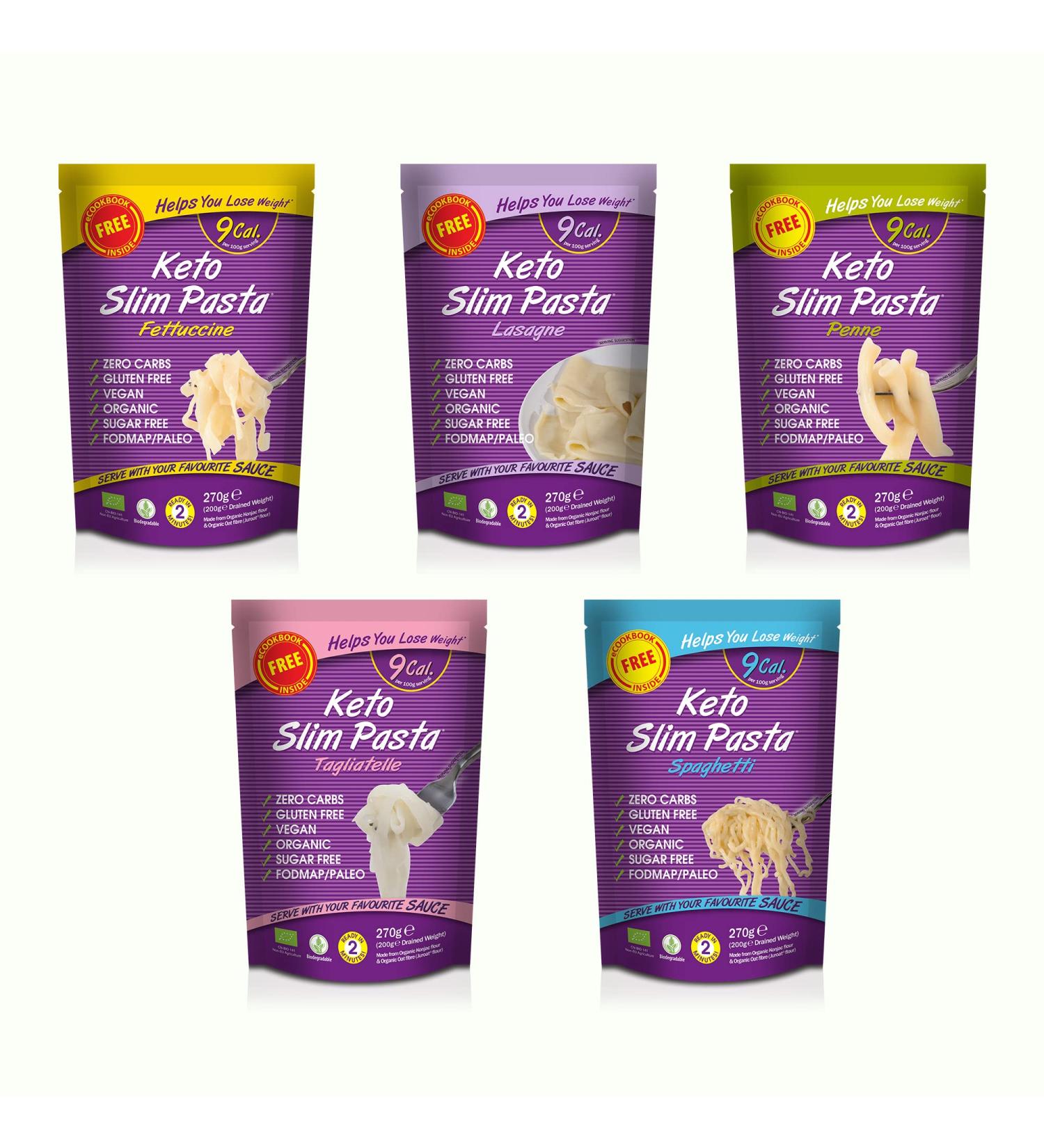 Eat Water Slim Konjac Pasta 2 of Each Penne Fettuccine Spaghetti Lasagne & Thai Style Noodles 270g Each | Made from Organic Konjac | Keto Paleo Diet and Vegan | Zero Sugar and Low Calorie Food - Buy Online on GoSupps.com